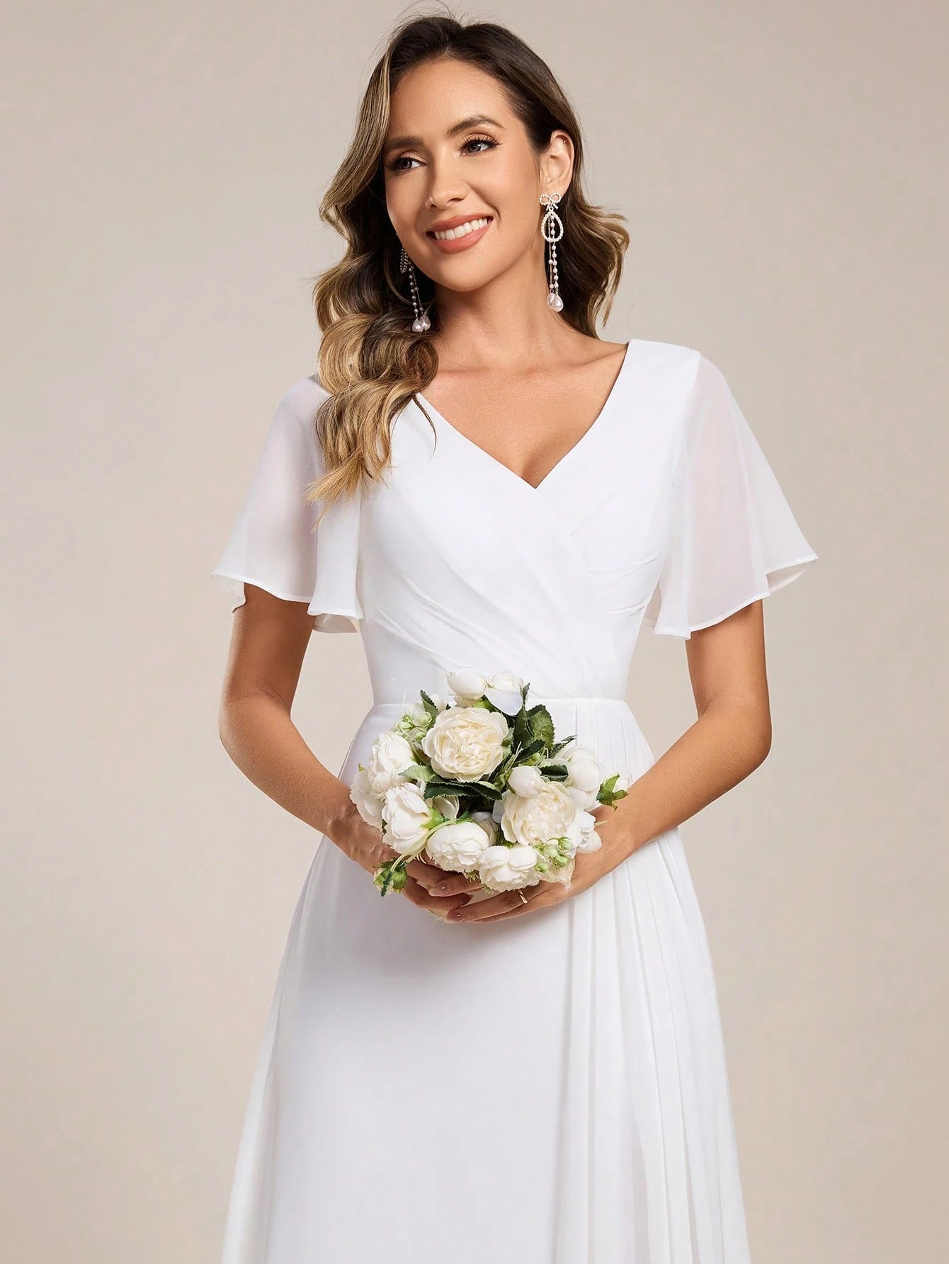 EVERPRETTY Elegant V-Neck High Slit Spring Date Outfit, Single Party Dress, White Formal Dress, Bridal Shower - image 6