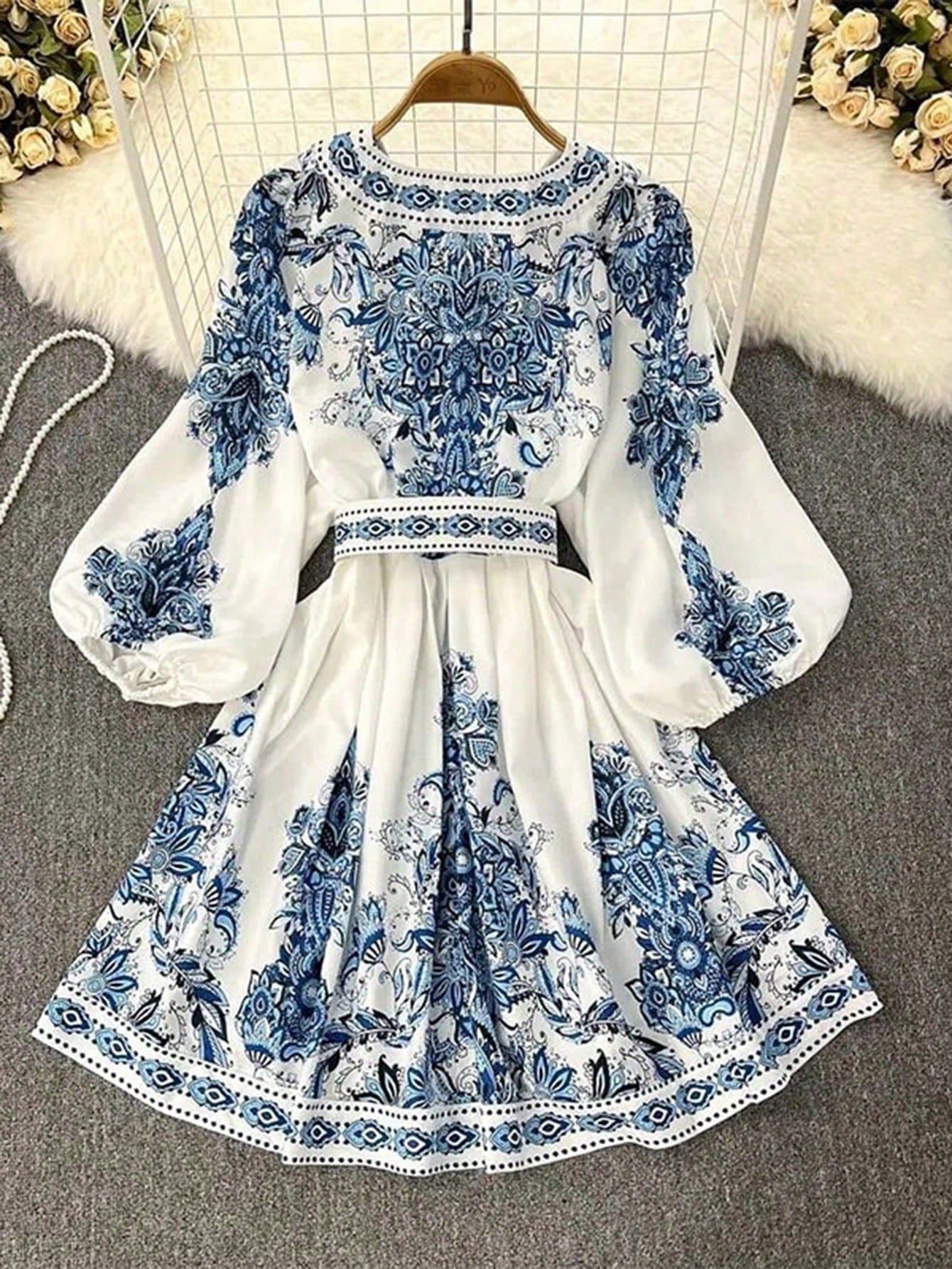 Floral Print Lantern Sleeve Button-Front Dress, Boho Style, Long-Sleeved Short Floral Slim-Fitting Skirt For - image 3