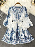 Floral Print Lantern Sleeve Button-Front Dress, Boho Style, Long-Sleeved Short Floral Slim-Fitting Skirt For