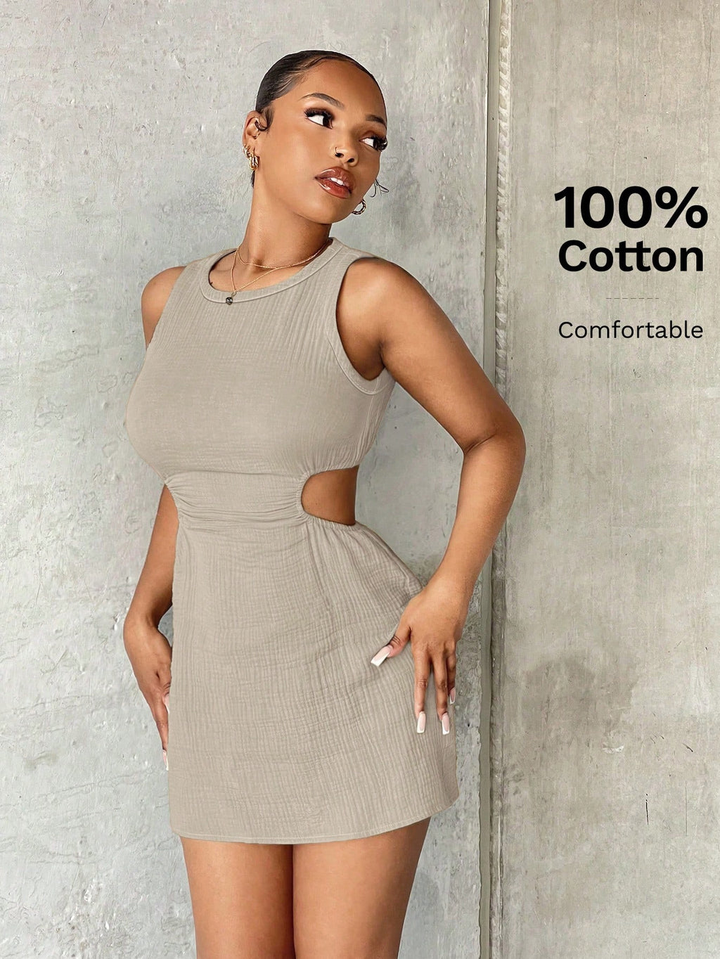 SXY Women's Solid Color Sleeveless Round Neck Cutout Waist Bodycon