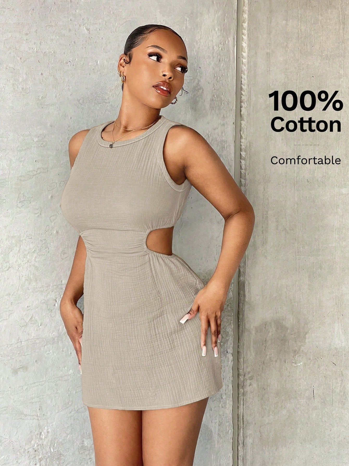 SXY Women's Solid Color Sleeveless Round Neck Cutout Waist Bodycon