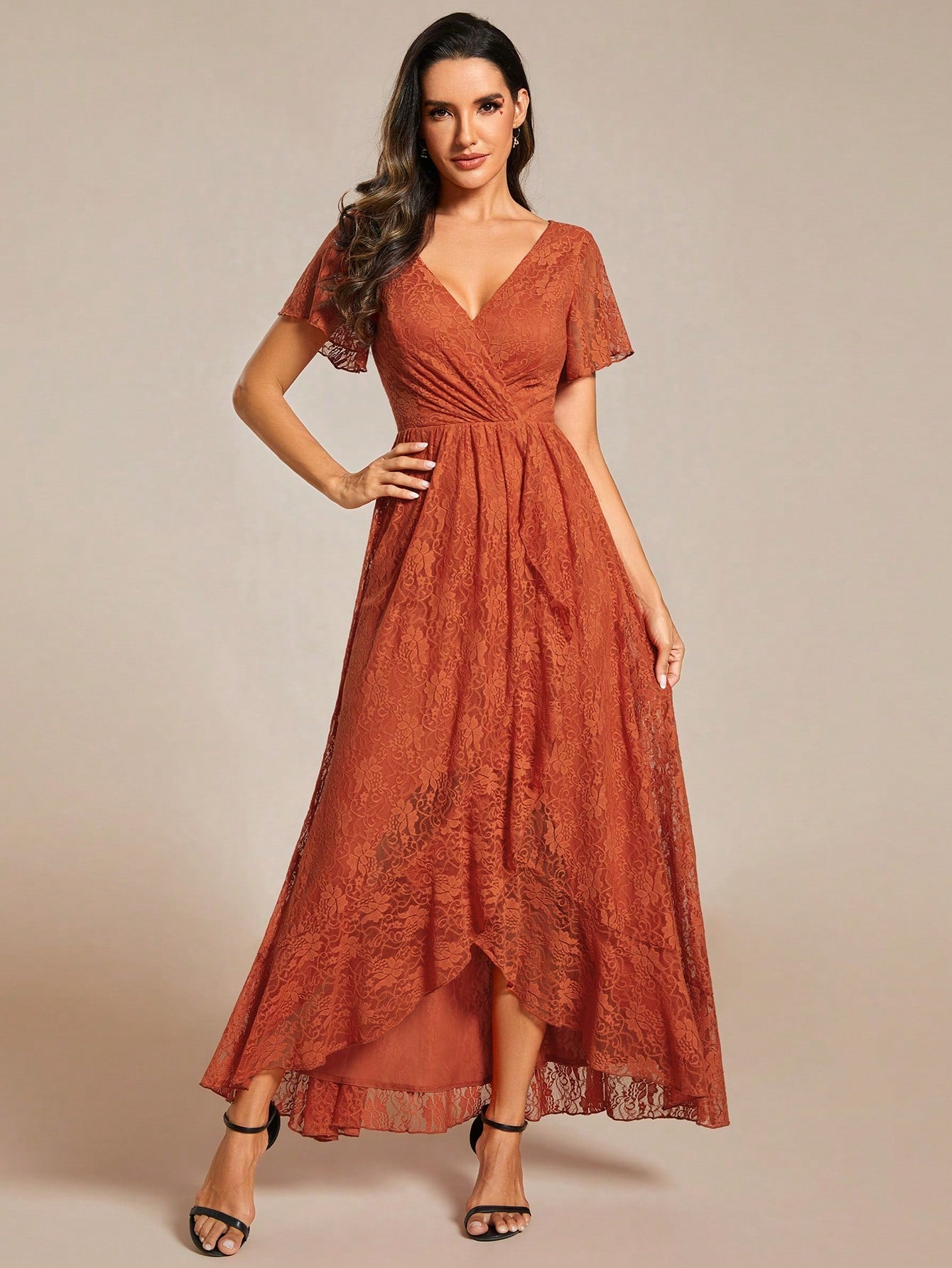 Women's V-Neck Lace Elegant Pleated Bust Ruffle Hem Chiffon Bridesmaid Dress, Wedding Guest Dress Spring