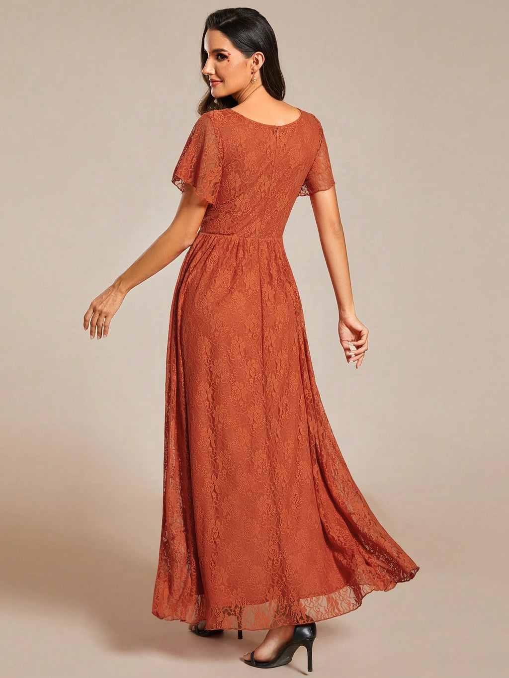 Women's V-Neck Lace Elegant Pleated Bust Ruffle Hem Chiffon Bridesmaid Dress, Wedding Guest Dress Spring - image 2