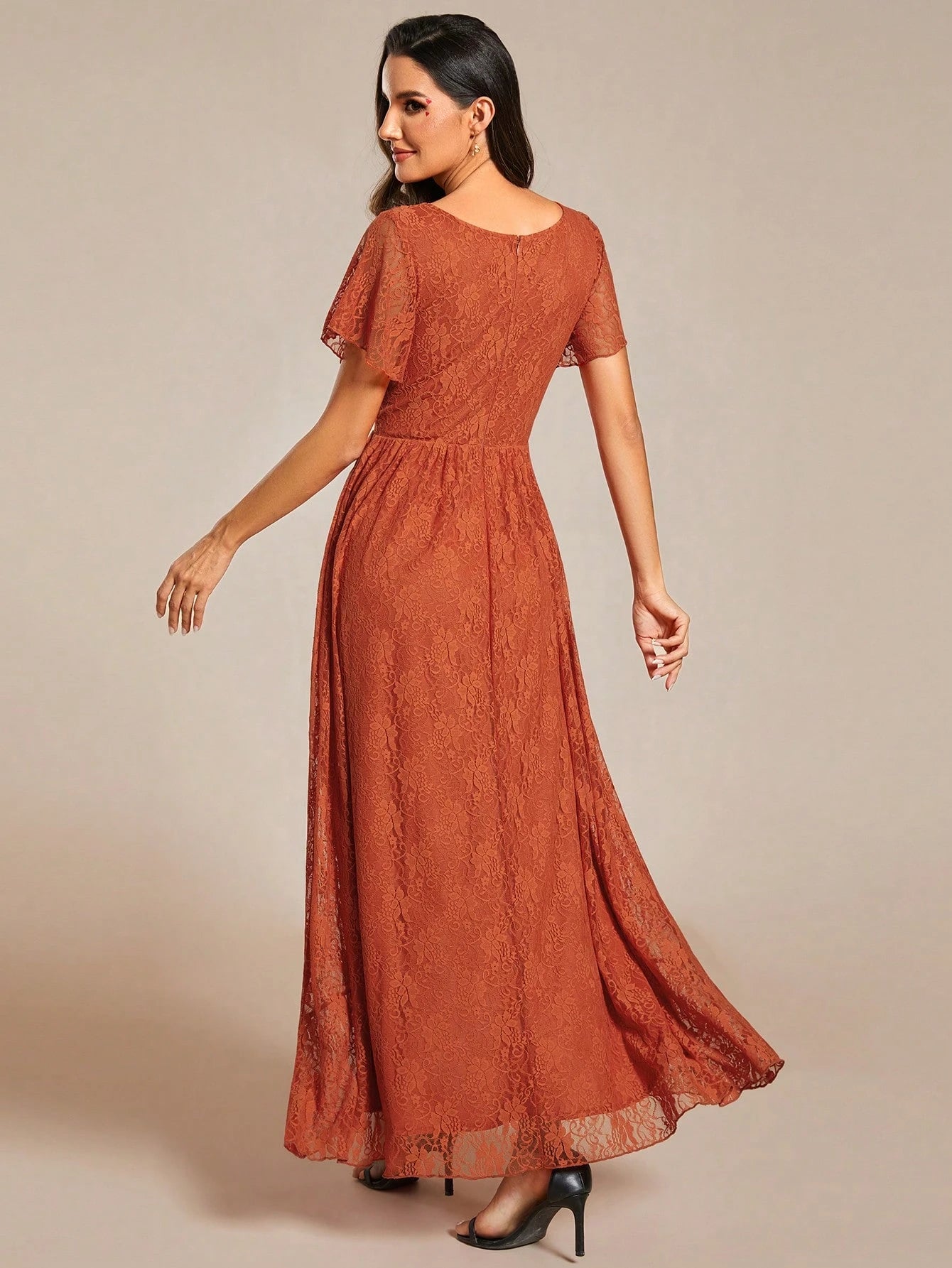 Women's V-Neck Lace Elegant Pleated Bust Ruffle Hem Chiffon Bridesmaid Dress, Wedding Guest Dress Spring - image 2