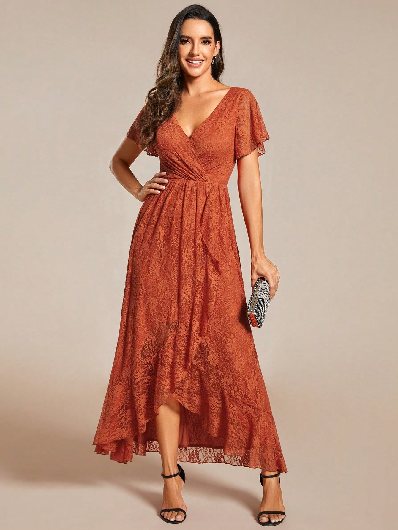 Women's V-Neck Lace Elegant Pleated Bust Ruffle Hem Chiffon Bridesmaid Dress, Wedding Guest Dress Spring - image 4