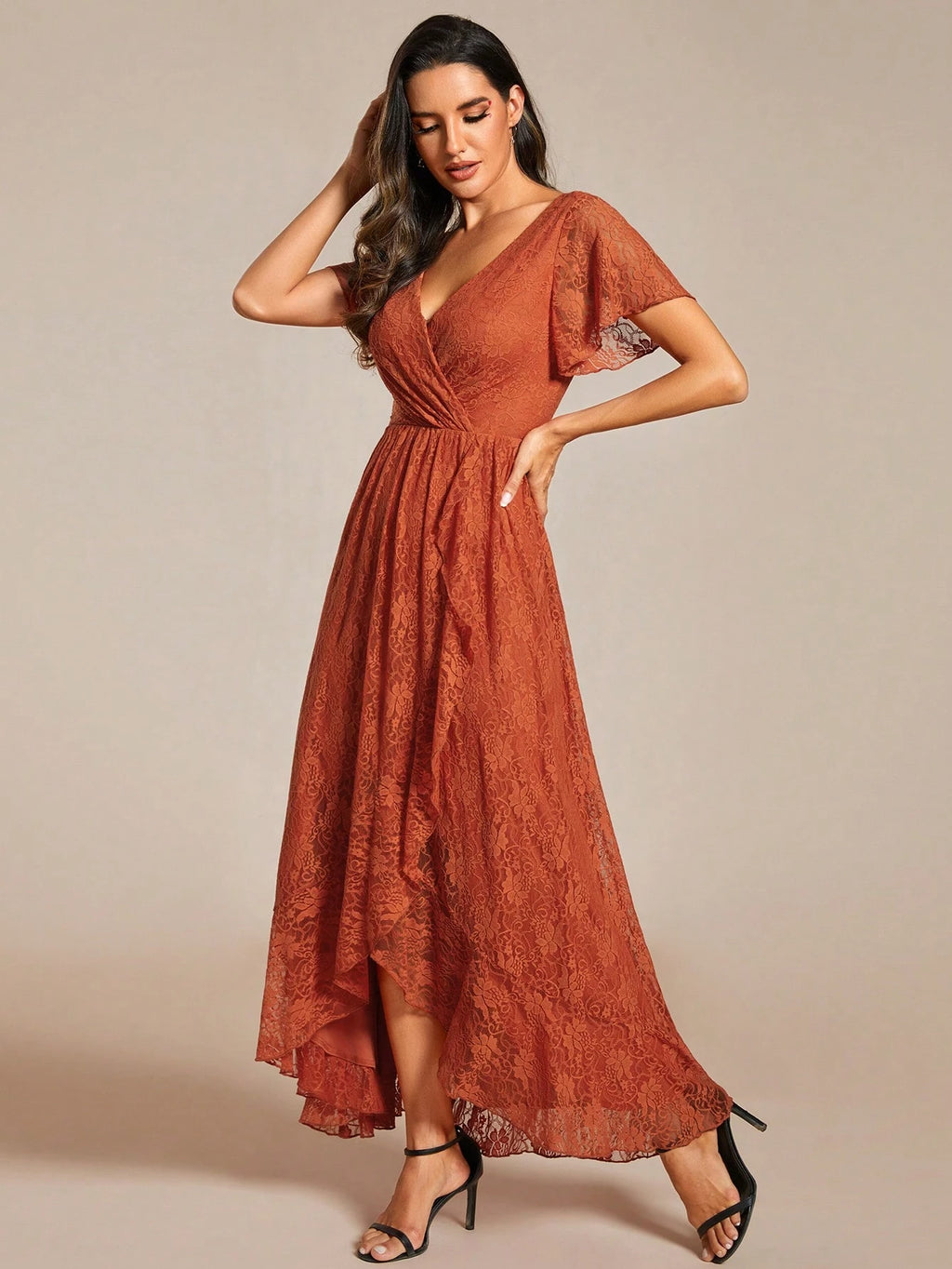 Women's V-Neck Lace Elegant Pleated Bust Ruffle Hem Chiffon Bridesmaid Dress, Wedding Guest Dress Spring - image 3