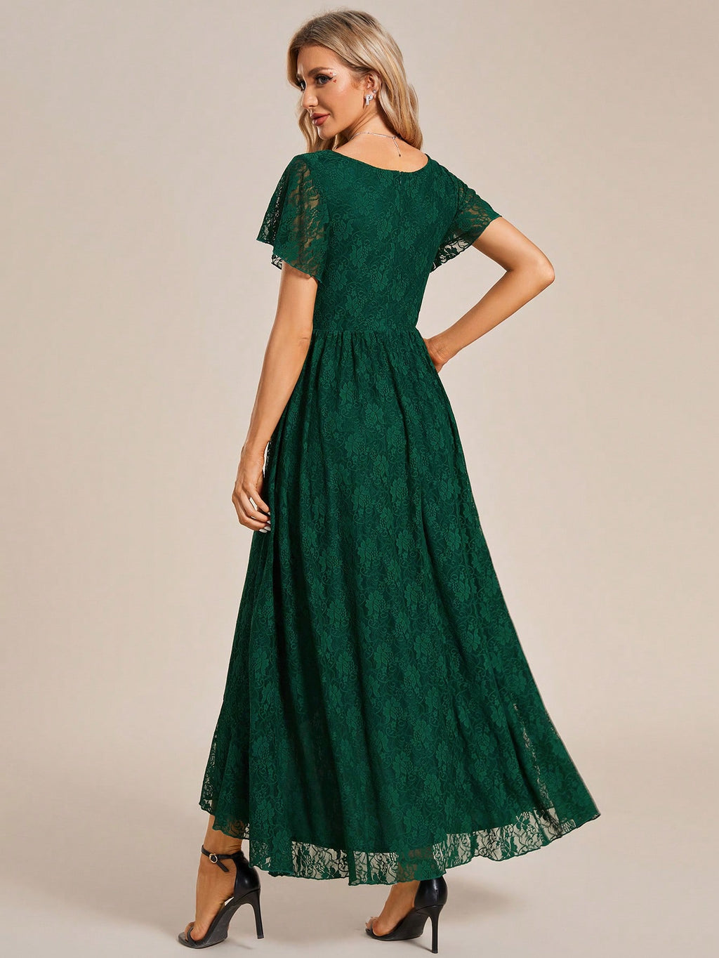 Women's V-Neck Lace Elegant Pleated Bust Ruffle Hem Chiffon Bridesmaid Dress, Wedding Guest Dress Spring - image 7