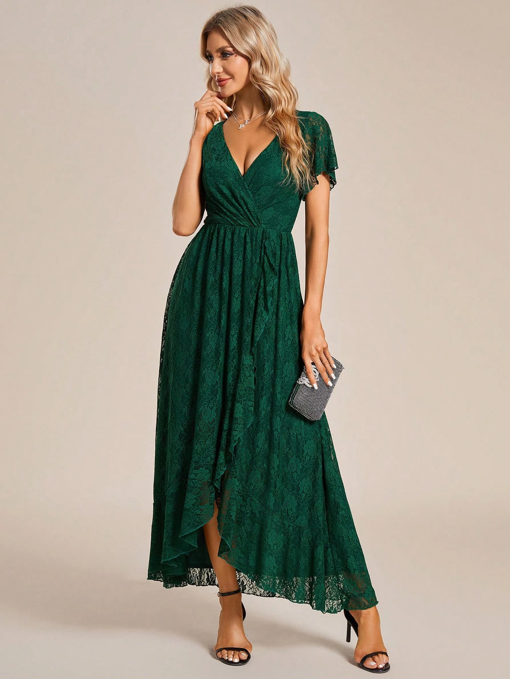 Women's V-Neck Lace Elegant Pleated Bust Ruffle Hem Chiffon Bridesmaid Dress, Wedding Guest Dress Spring - image 9