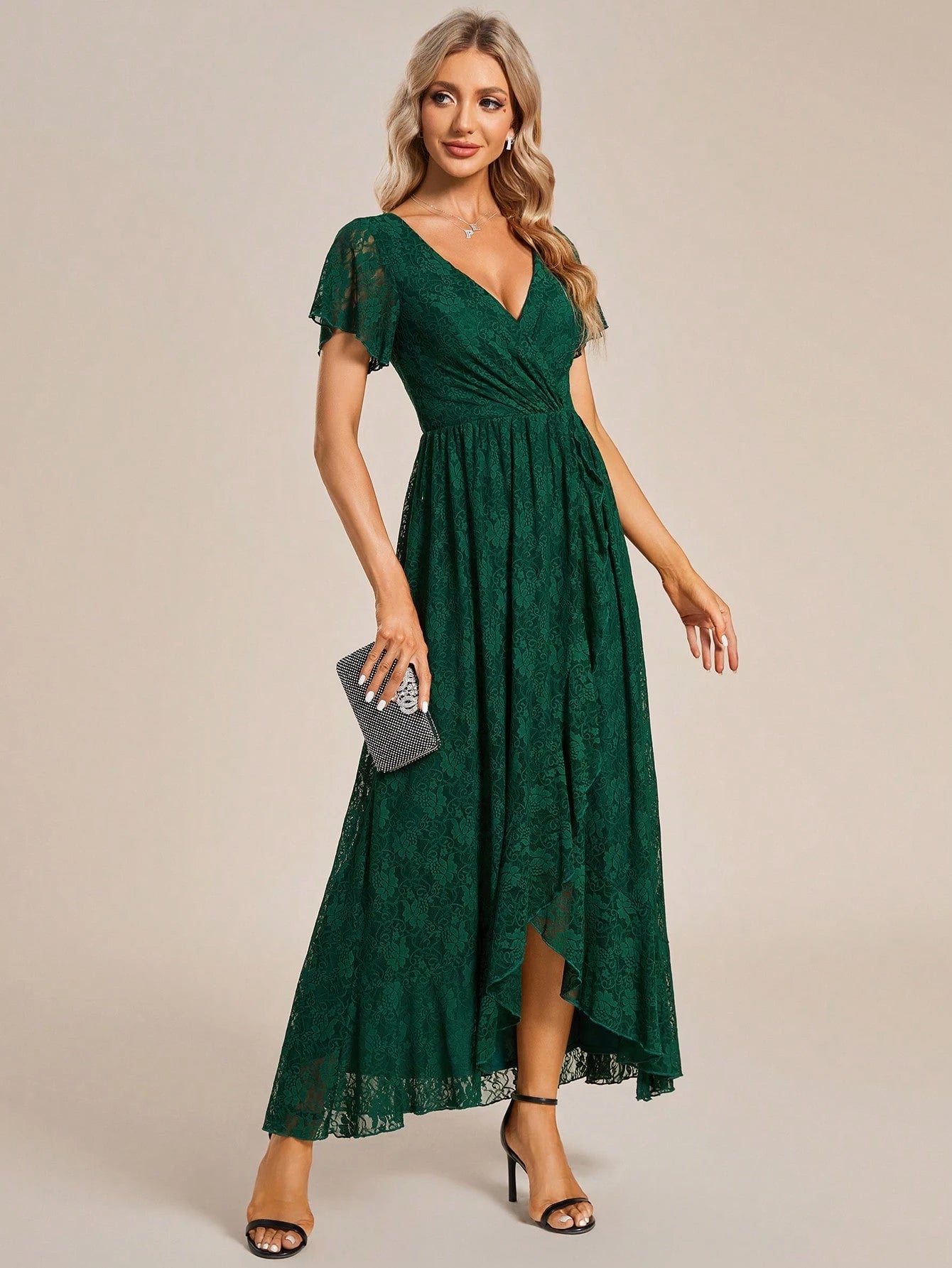 Women's V-Neck Lace Elegant Pleated Bust Ruffle Hem Chiffon Bridesmaid Dress, Wedding Guest Dress Spring - image 8