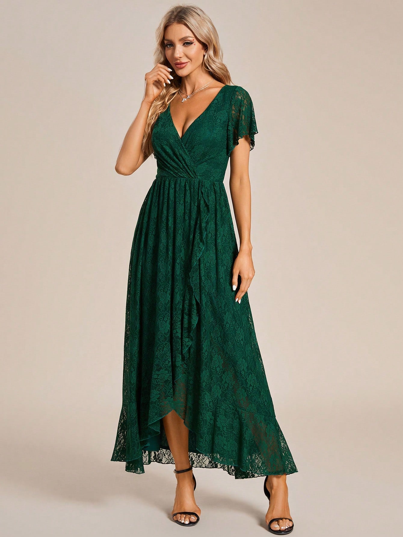 Women's V-Neck Lace Elegant Pleated Bust Ruffle Hem Chiffon Bridesmaid Dress, Wedding Guest Dress Spring - image 6
