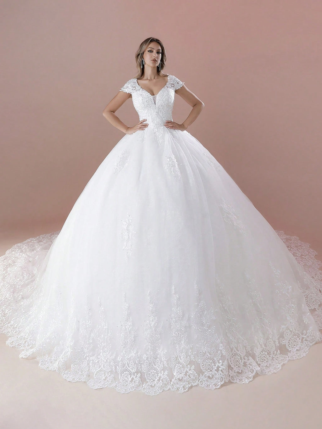 Elegant Cap Sleeves V-Neck Hand-Beaded Applique Ball Gown Wedding Dress For Wedding(Petticoat Not Included ) - image 2