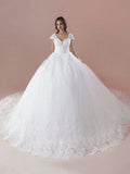 Elegant Cap Sleeves V-Neck Hand-Beaded Applique Ball Gown Wedding Dress For Wedding(Petticoat Not Included )