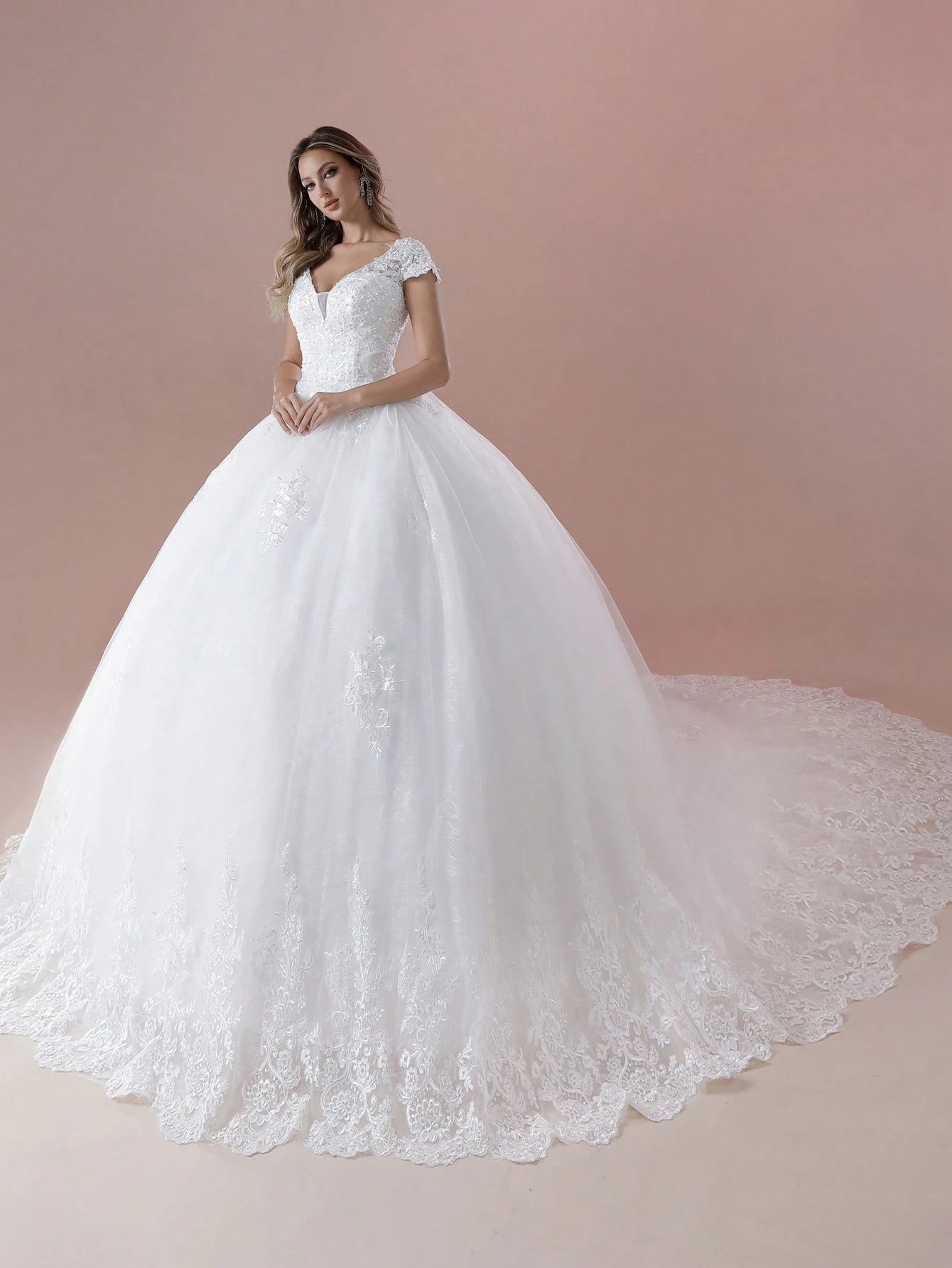 Elegant Cap Sleeves V-Neck Hand-Beaded Applique Ball Gown Wedding Dress For Wedding(Petticoat Not Included ) - image 3