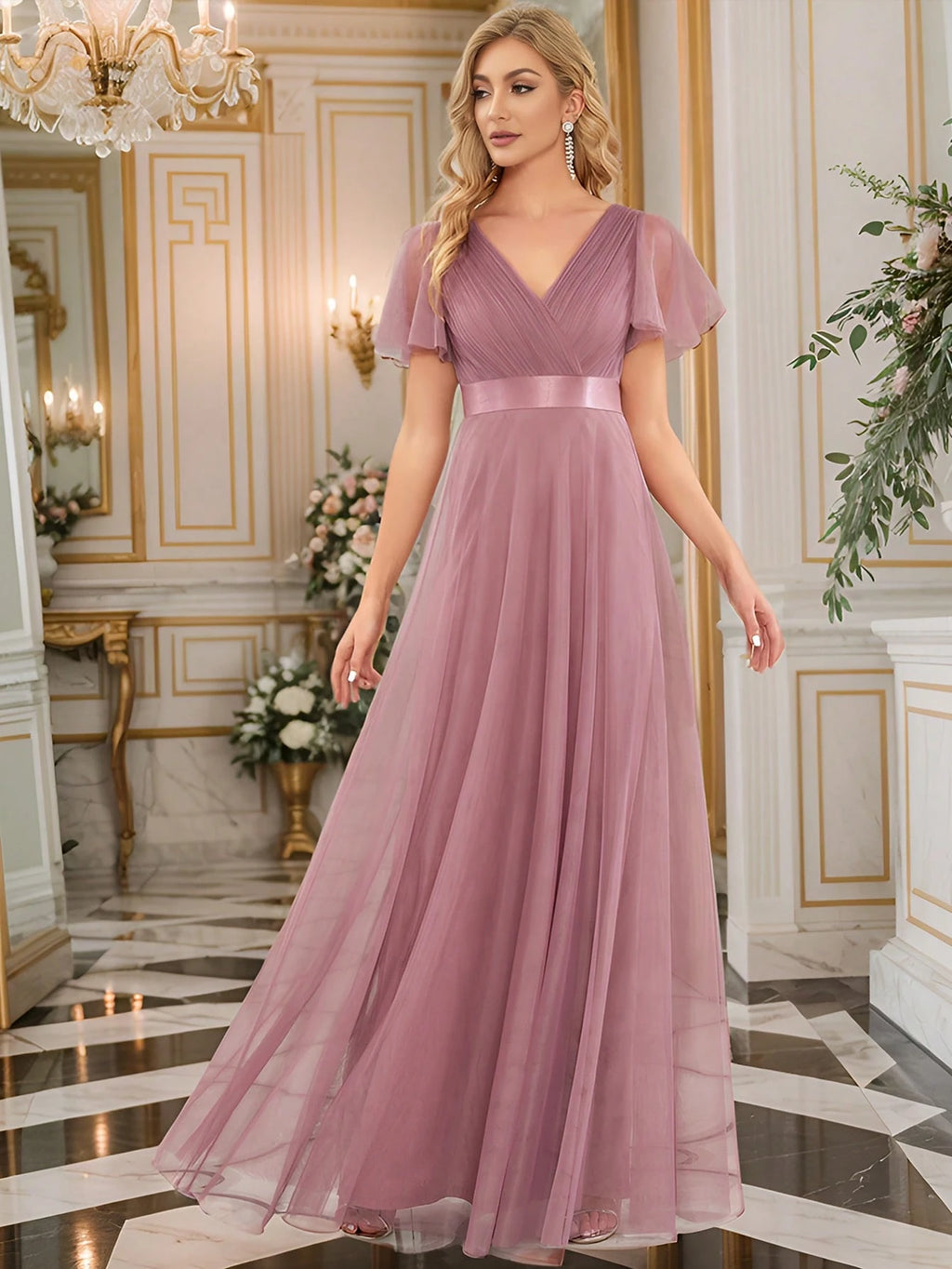 EVERPRETTY Romantic V-Neck A-Line Chiffon Pink Bridesmaid Dress, Suitable For Wedding Guests, Formal - image 16