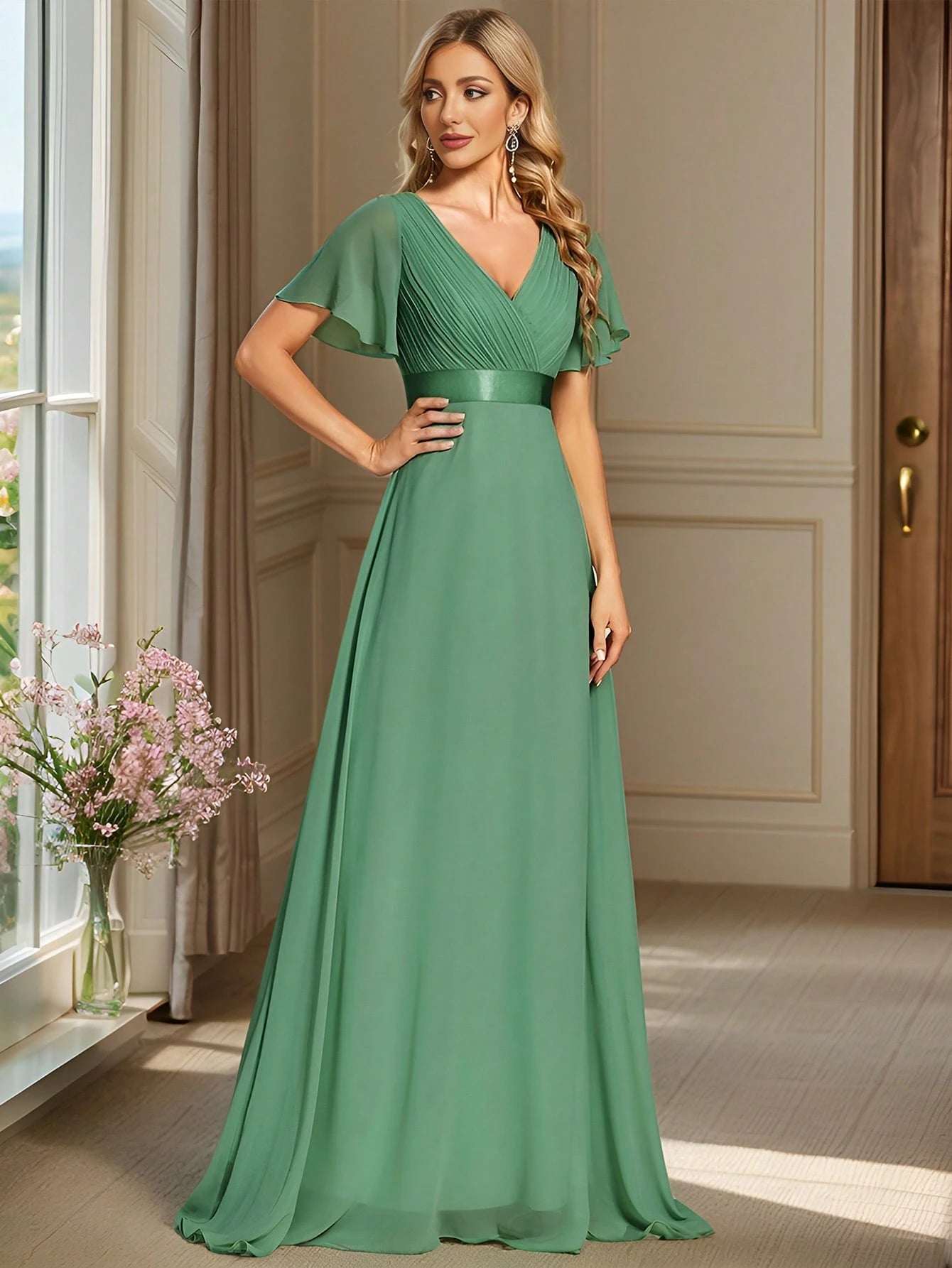 EVERPRETTY Elegant V-Neck Ruffle Butterfly Sleeve Pink Bridesmaid
