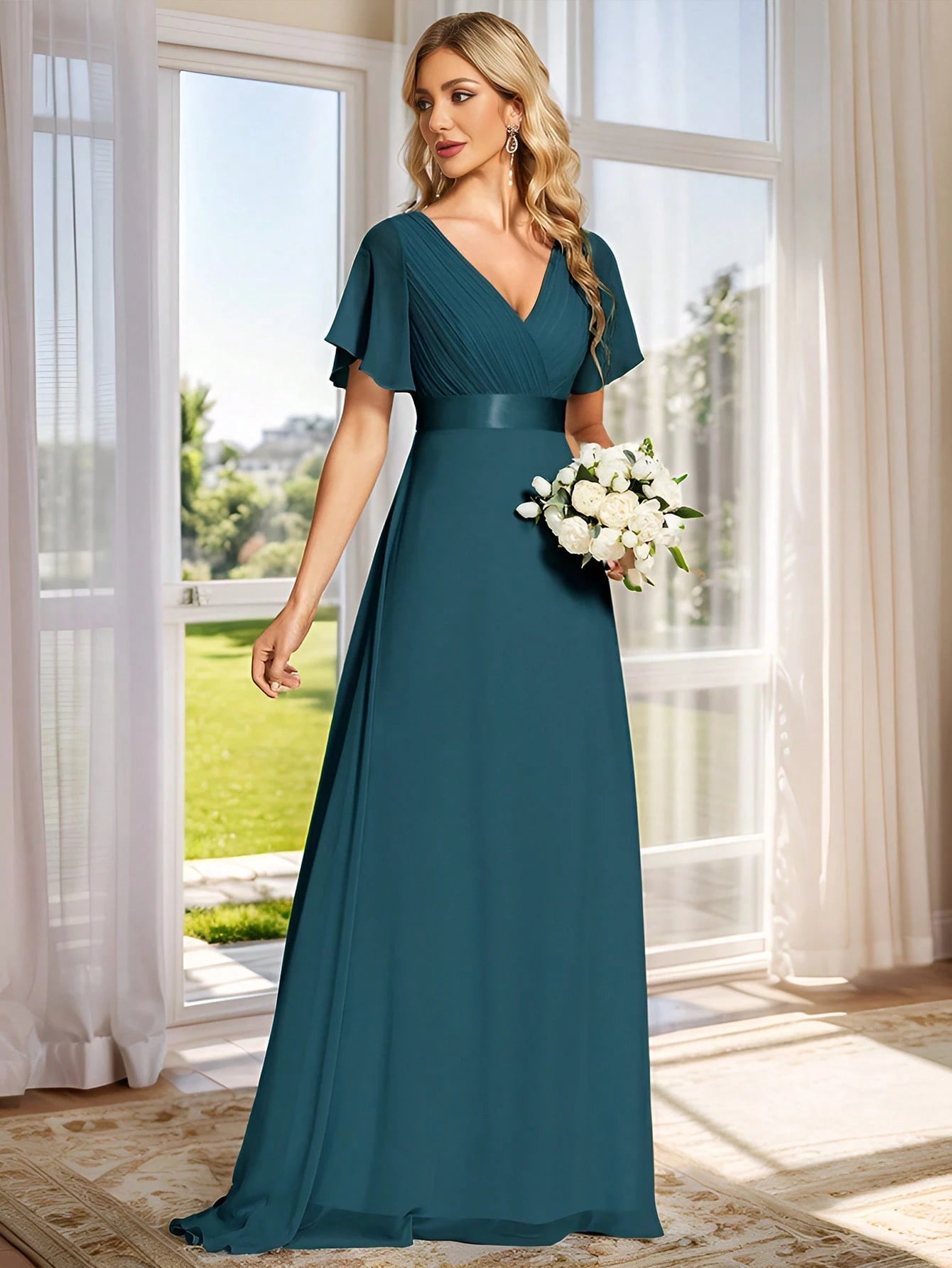 EVERPRETTY Elegant V-Neck Ruffle Butterfly Sleeve Pink Bridesmaid