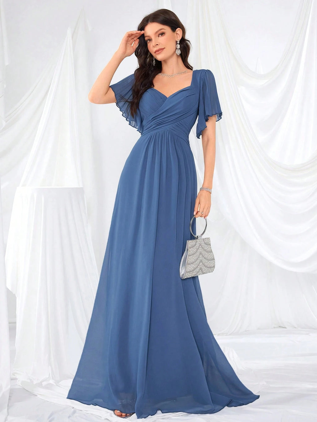 Flounce Sleeve Back Sweetheart Neck Solid Color Tulle Dress, Bridesmaid Dress Wedding - image 19