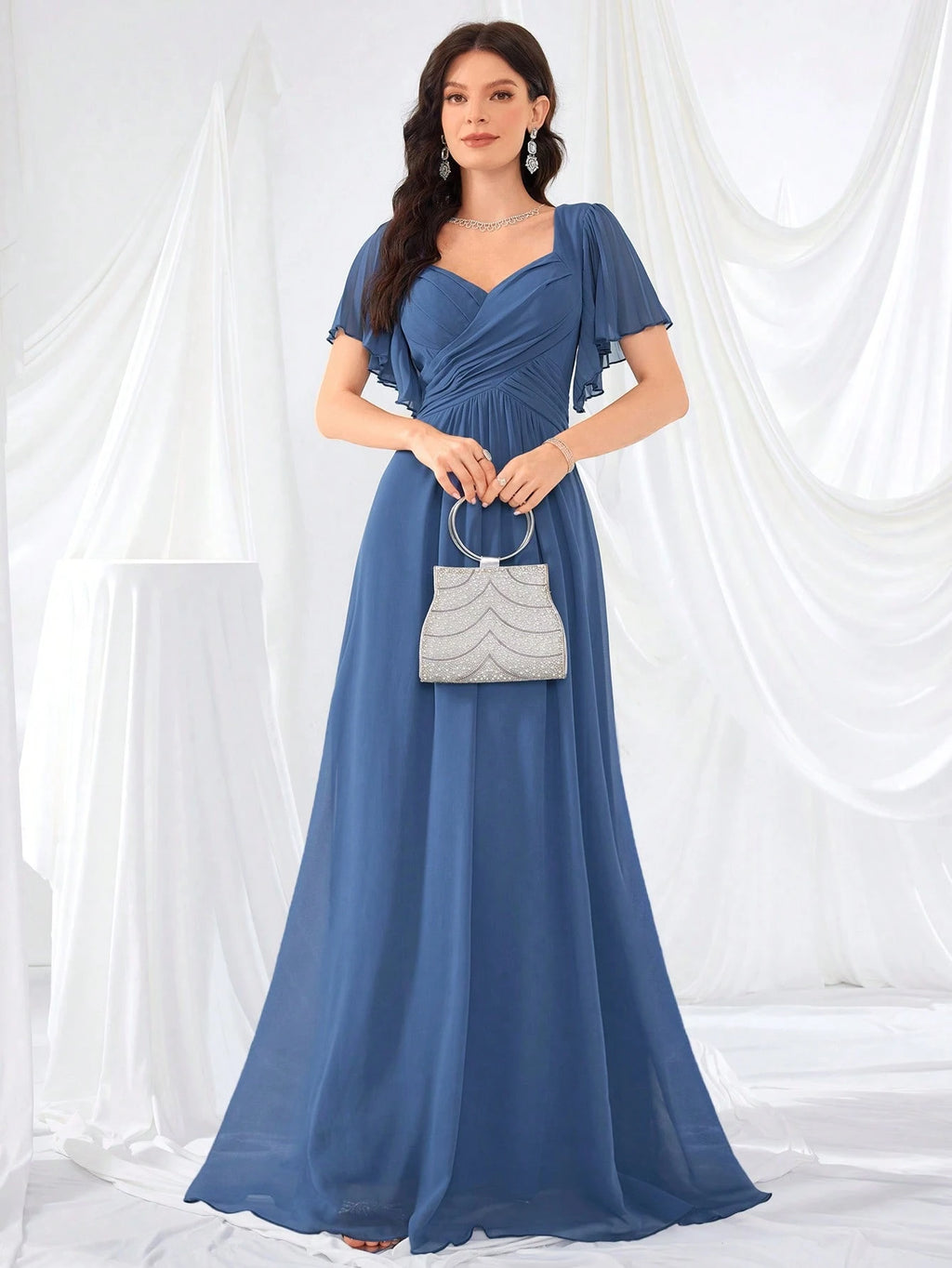 Flounce Sleeve Back Sweetheart Neck Solid Color Tulle Dress, Bridesmaid Dress Wedding - image 10