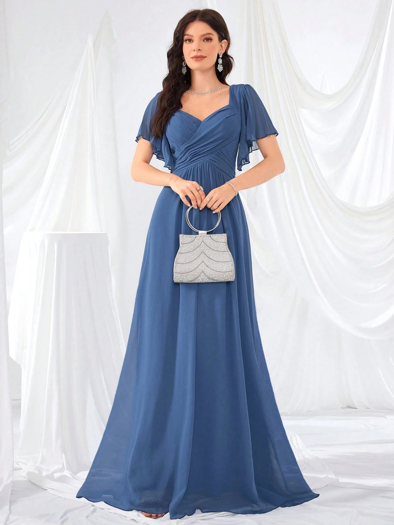 Flounce Sleeve Back Sweetheart Neck Solid Color Tulle Dress, Bridesmaid Dress Wedding - image 10