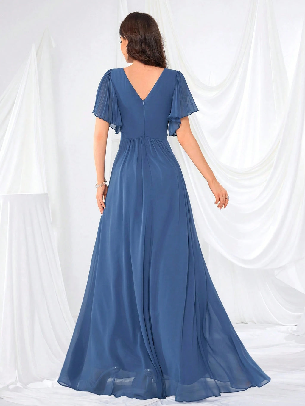 Lotus Sleeve Backless Heart Neckline Solid Color Tulle Bridesmaid Dress Wedding - image 4
