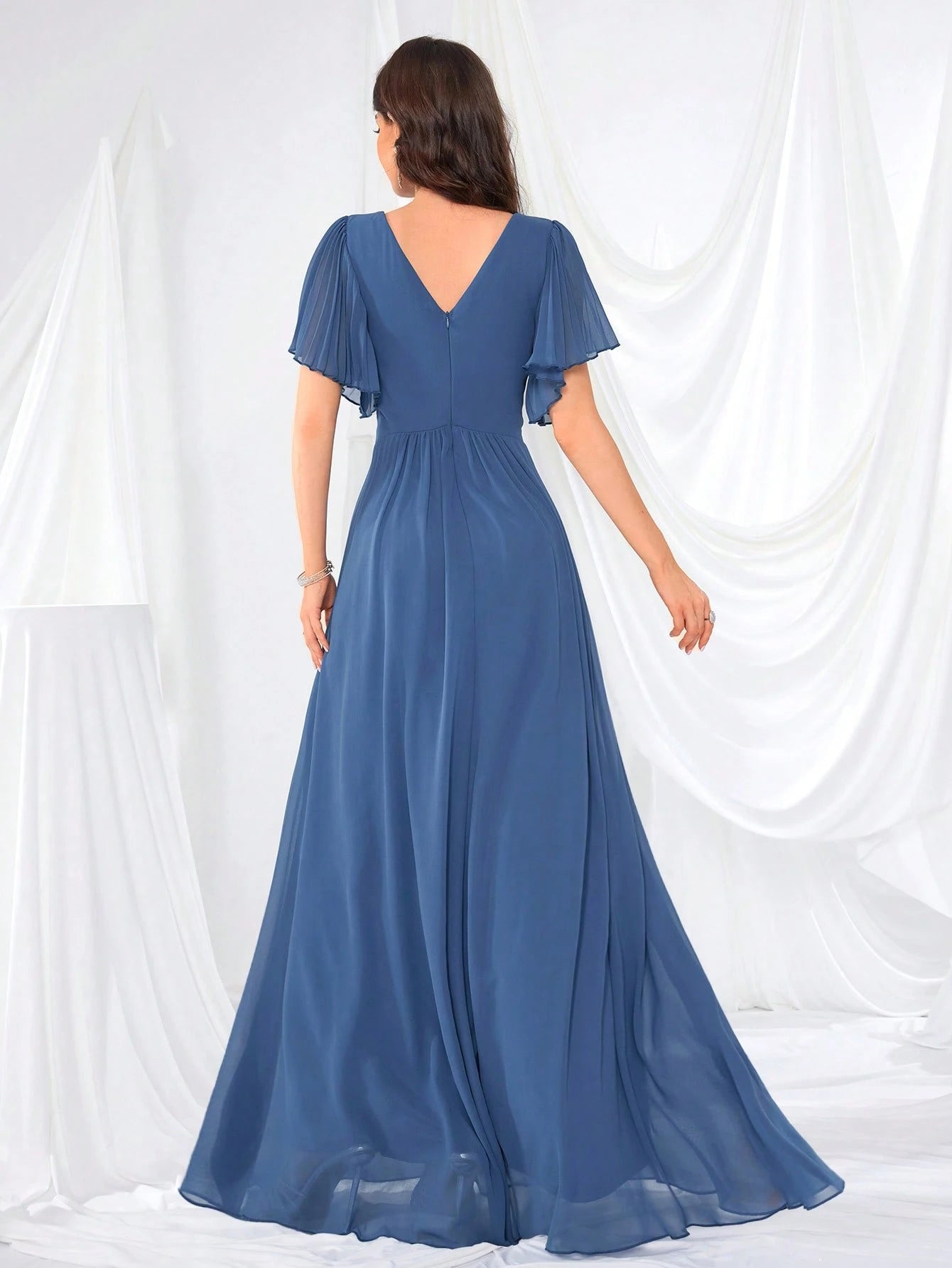 Lotus Sleeve Backless Heart Neckline Solid Color Tulle Bridesmaid Dress Wedding - image 4