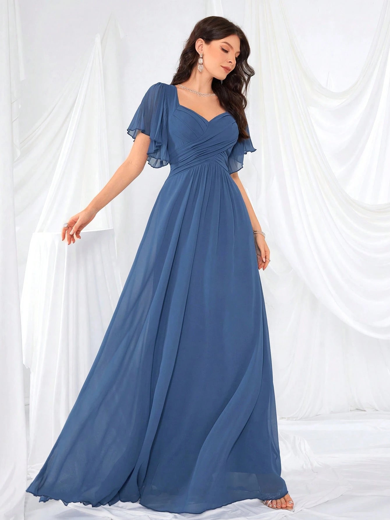 Lotus Sleeve Backless Heart Neckline Solid Color Tulle Bridesmaid Dress Wedding - image 7