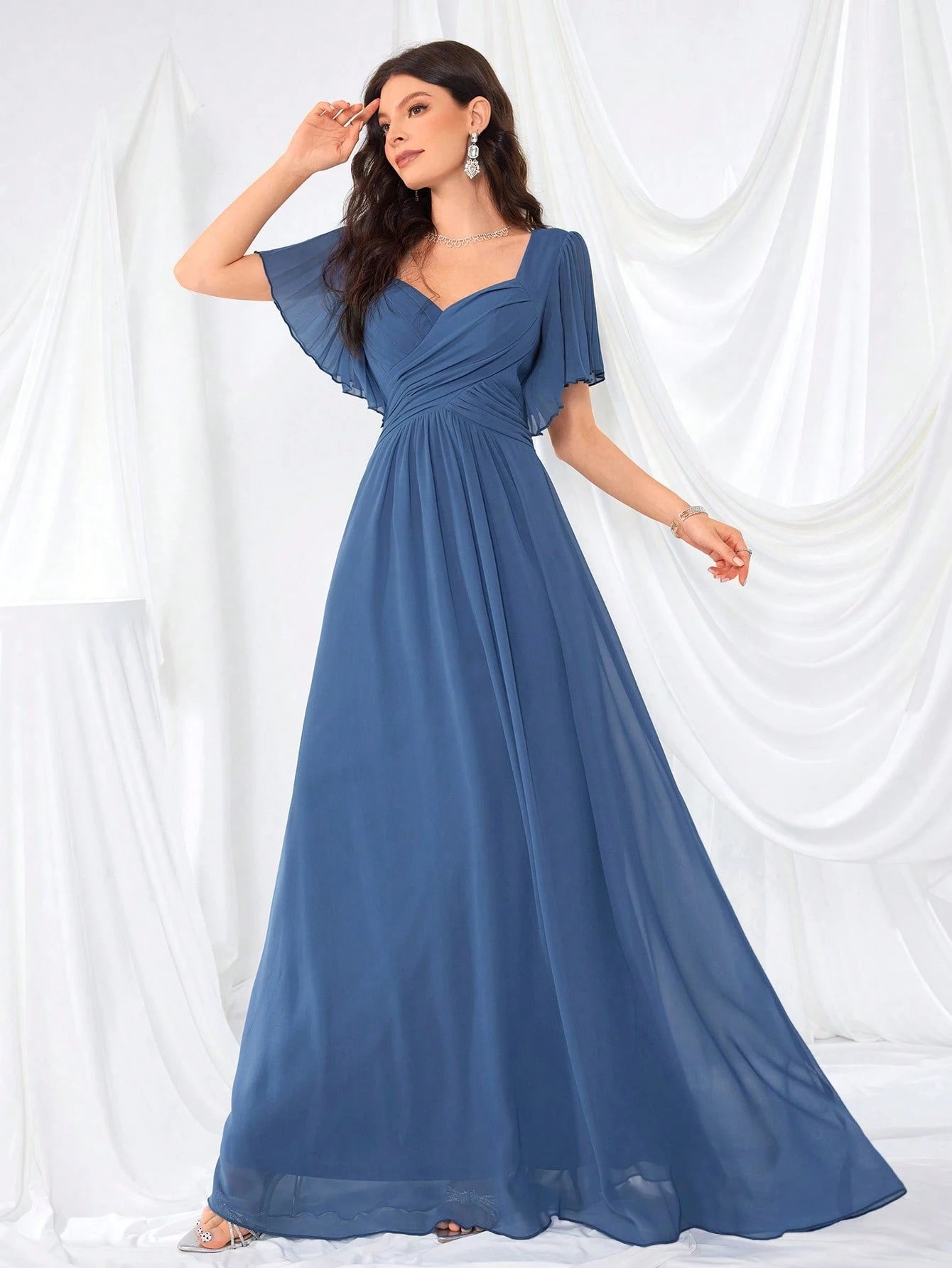 Flounce Sleeve Back Sweetheart Neck Solid Color Tulle Dress, Bridesmaid Dress Wedding - image 8