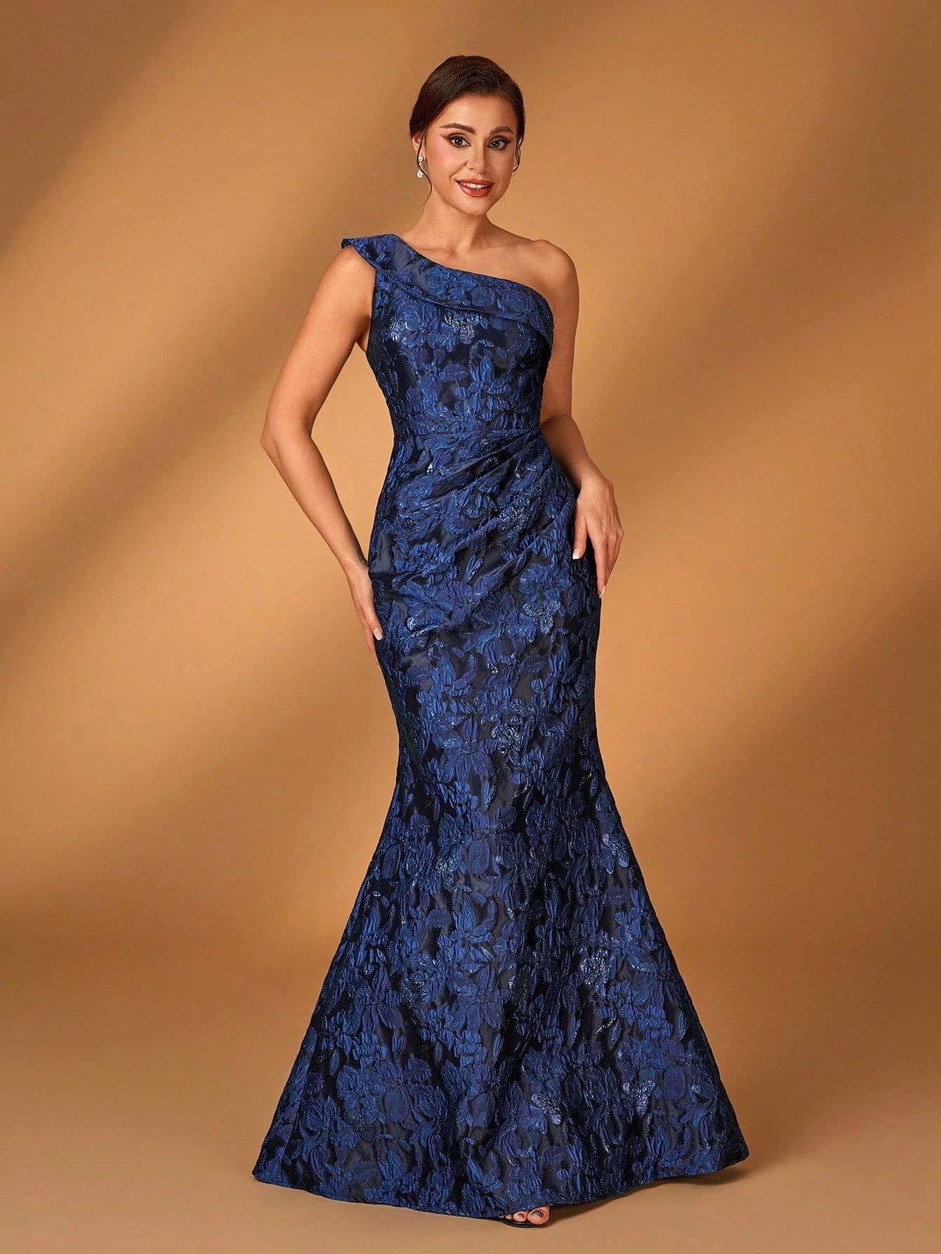 Serin Elegant Gorgeous Dark Blue One-Shoulder Jacquard Satin Gathered 3D Flower Fishtail Evening - image 4