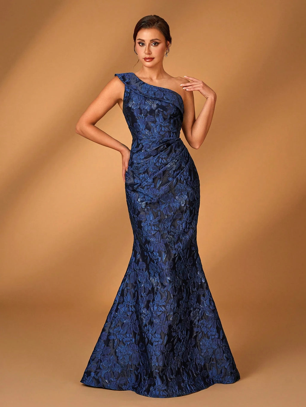 Serin Elegant Gorgeous Dark Blue One-Shoulder Jacquard Satin Gathered 3D Flower Fishtail Evening - image 6