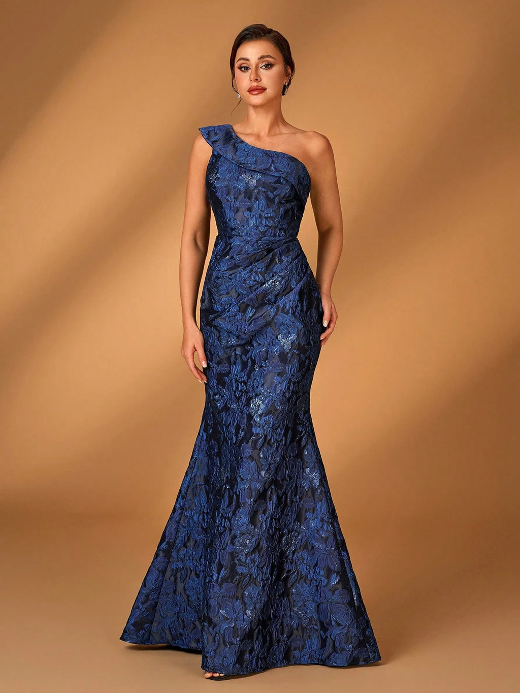 Serin Elegant Gorgeous Dark Blue One-Shoulder Jacquard Satin Gathered 3D Flower Fishtail Evening - image 7