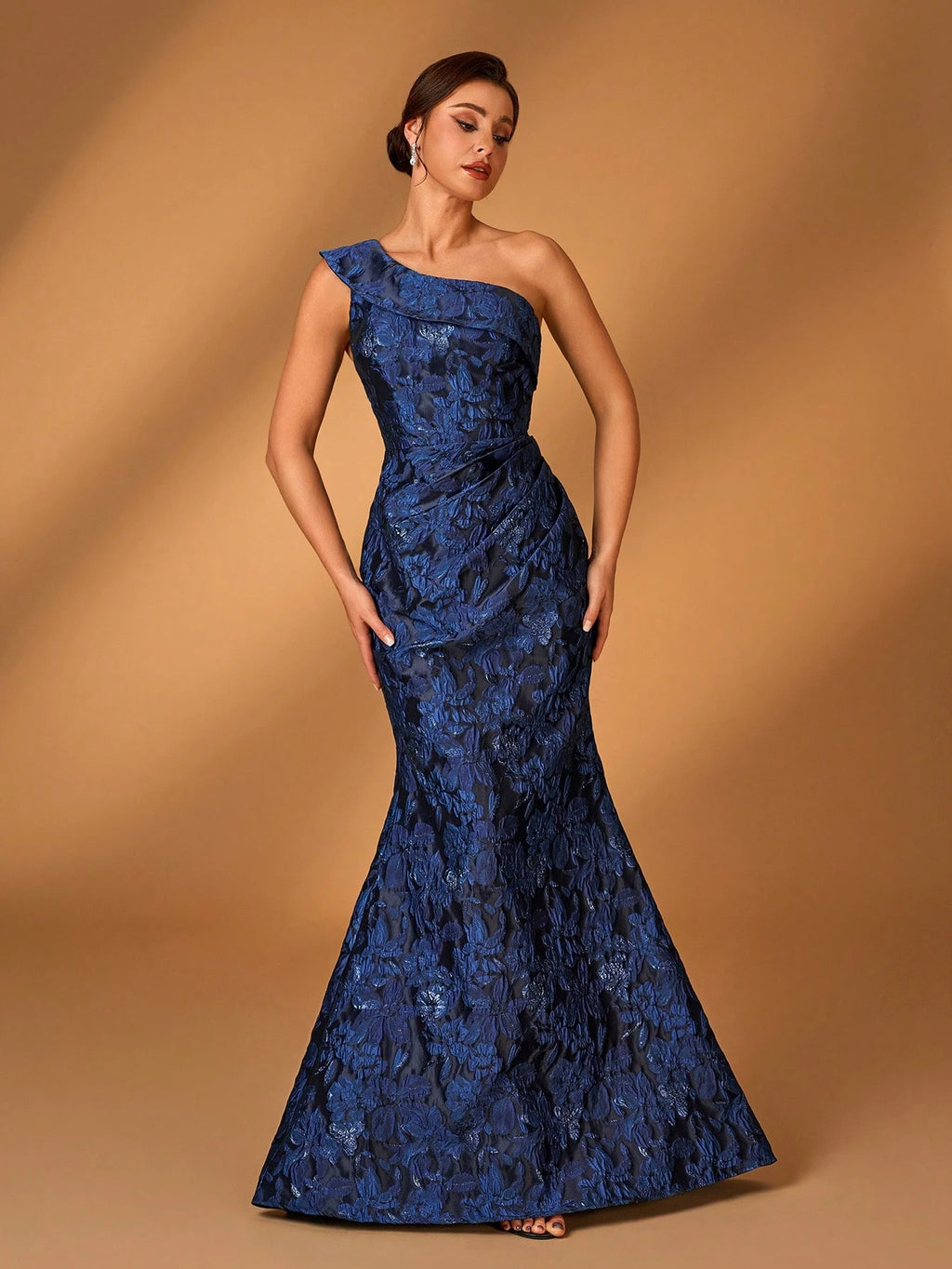 Serin Elegant Gorgeous Dark Blue One-Shoulder Jacquard Satin Gathered 3D Flower Fishtail Evening