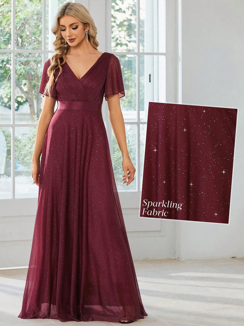 EVERPRETTY Elegant V-Neck Ruffle Sequin Bridesmaid Dress, Formal Evening Gown Wedding Spring - image 2
