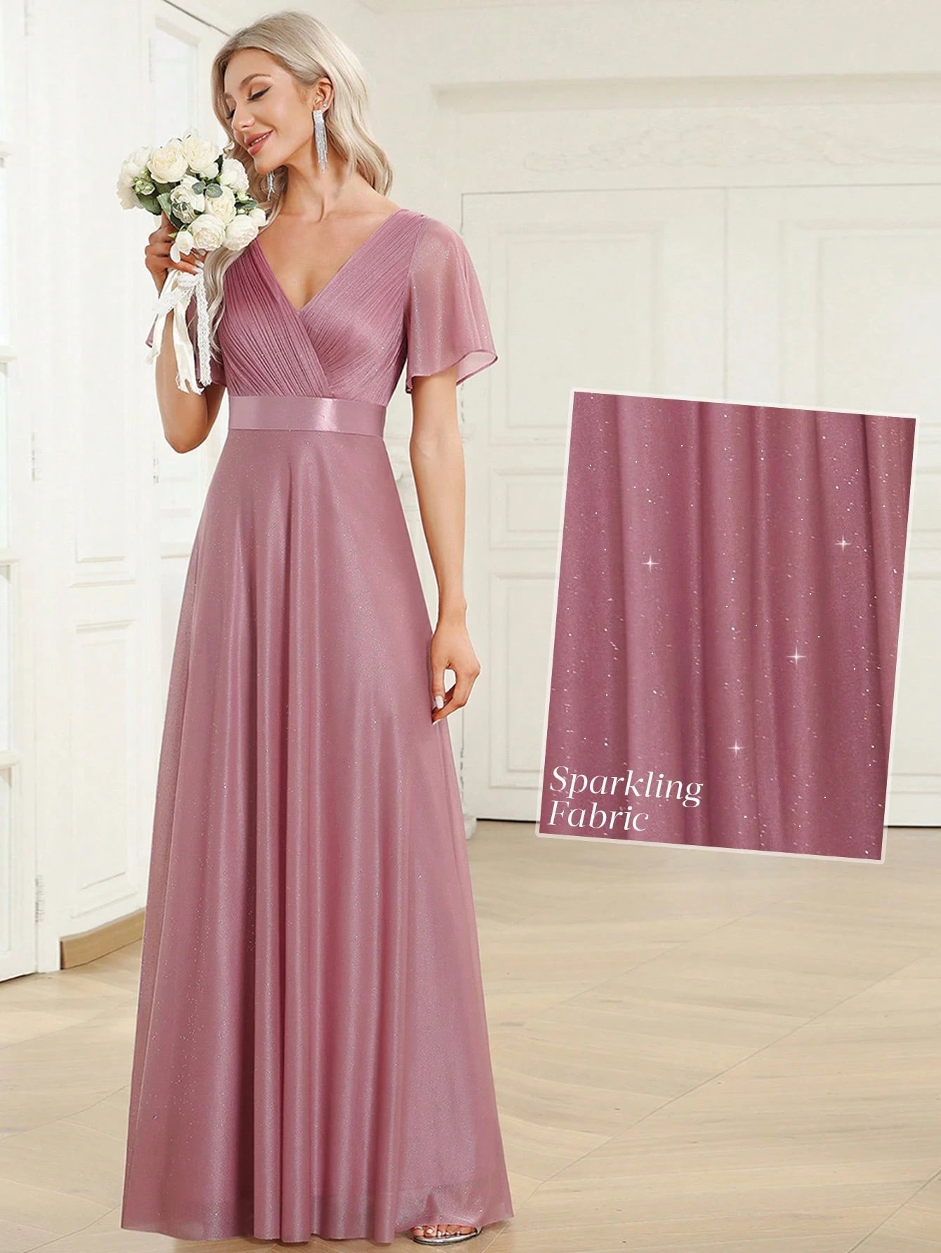 EVERPRETTY Elegant V-Neck Ruffle Sequin Bridesmaid Dress, Formal