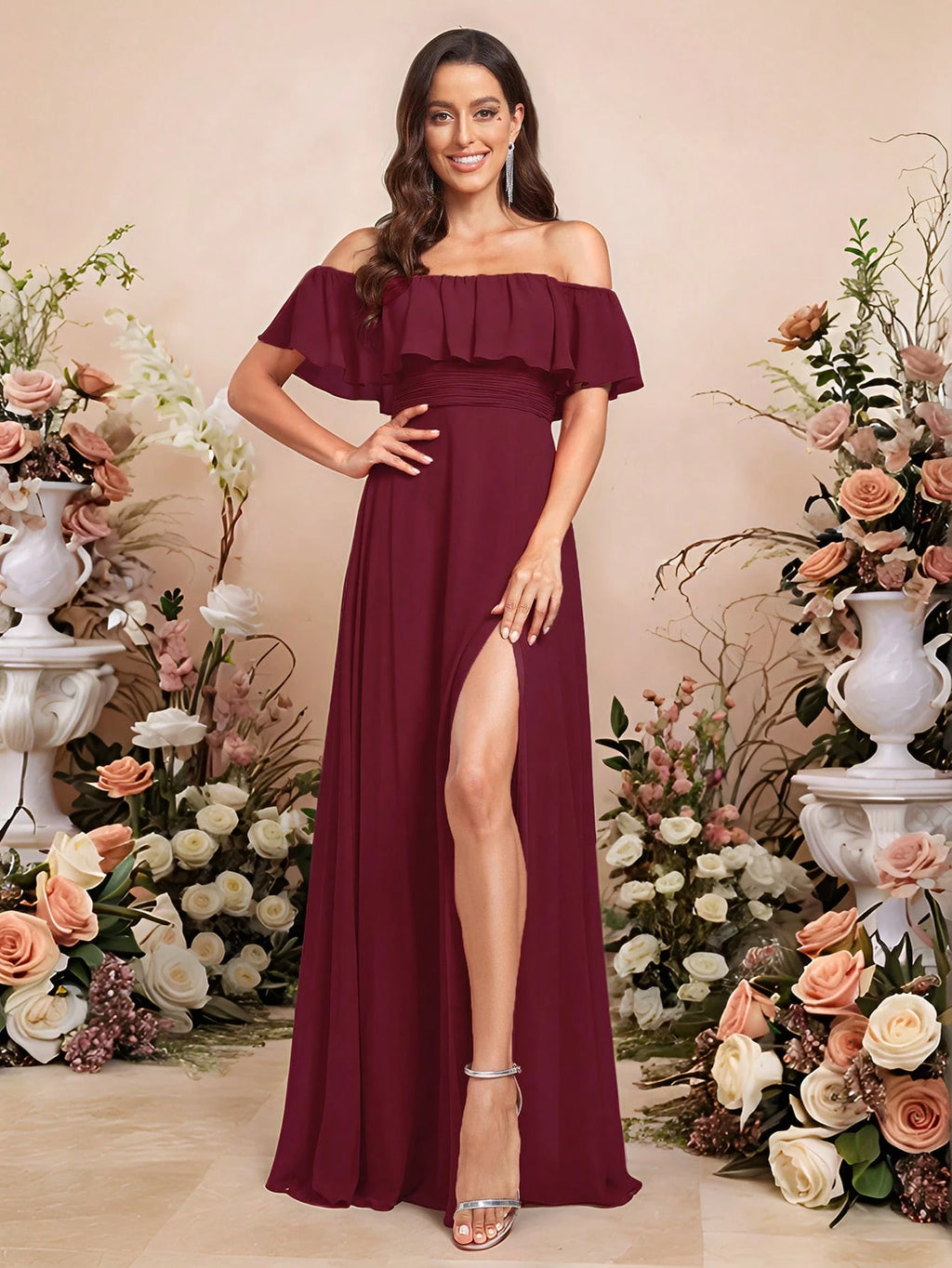 EVERPRETTY Open Shoulder Ruffle Sleeve Side Slit A-Line Chiffon Burgundy Bridesmaid Dress, Wedding Guest - image 10