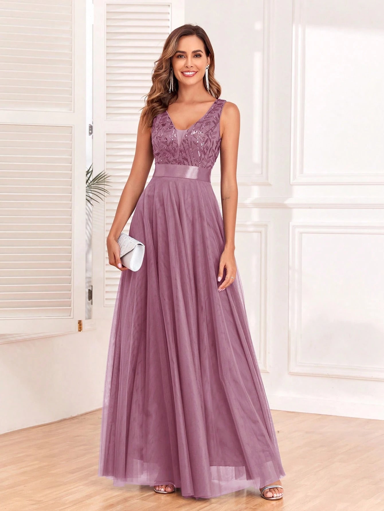 Sleeveless V-Neck Mesh& Embroidered Sequins A-Line Bridesmaid Dresses,Elegant Prom Dresses,Wedding Guest - image 9