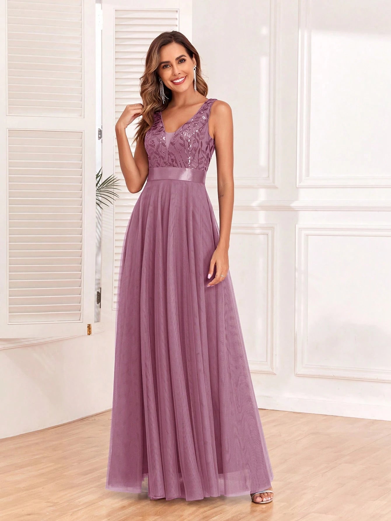 Sleeveless V-Neck Mesh& Embroidered Sequins A-Line Bridesmaid Dresses,Elegant Prom Dresses,Wedding Guest - image 13
