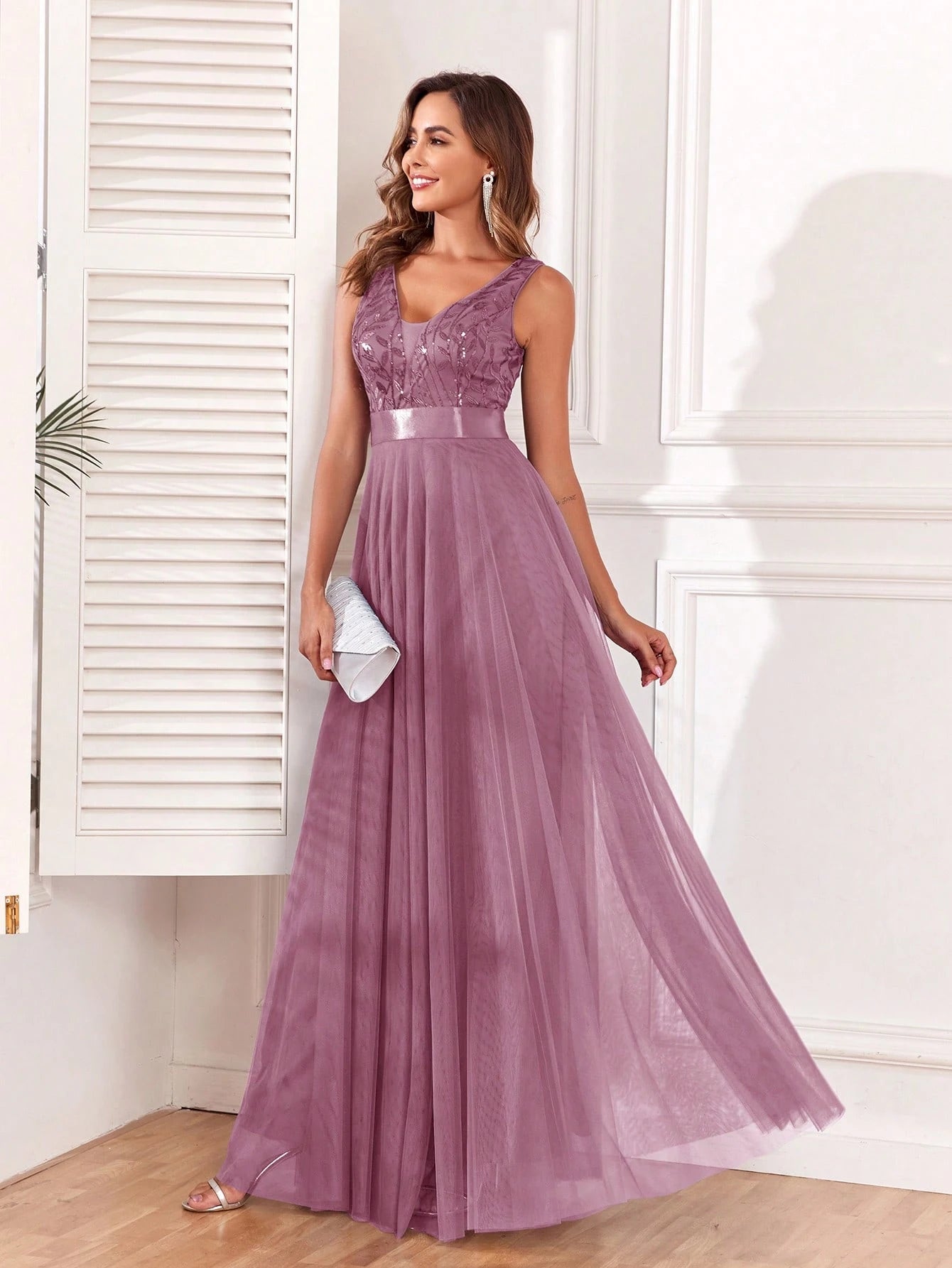 Sleeveless V-Neck Mesh& Embroidered Sequins A-Line Bridesmaid Dresses,Elegant Prom Dresses,Wedding Guest - image 11