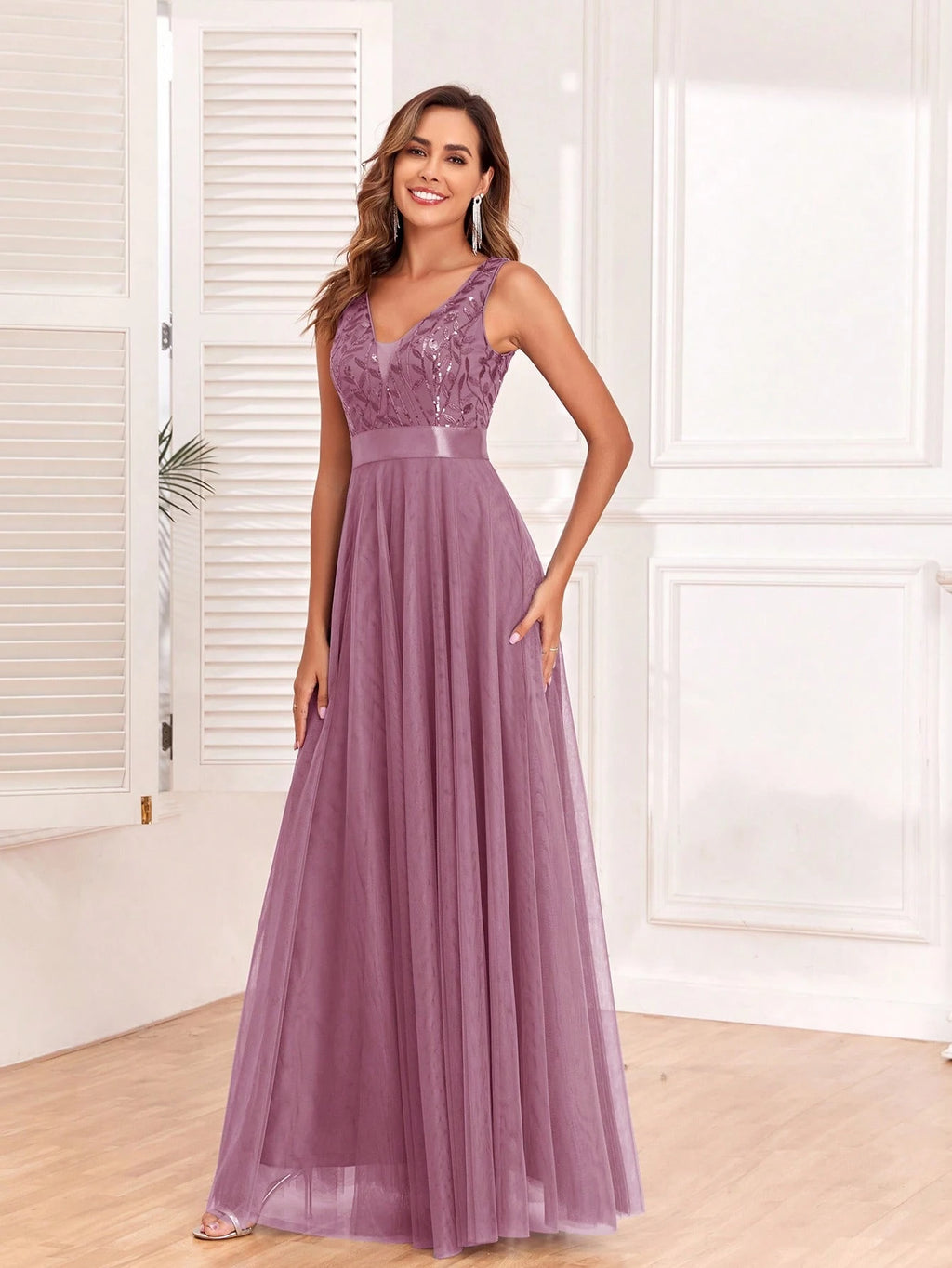 Sleeveless V-Neck Mesh& Embroidered Sequins A-Line Bridesmaid Dresses,Elegant Prom Dresses,Wedding Guest - image 14