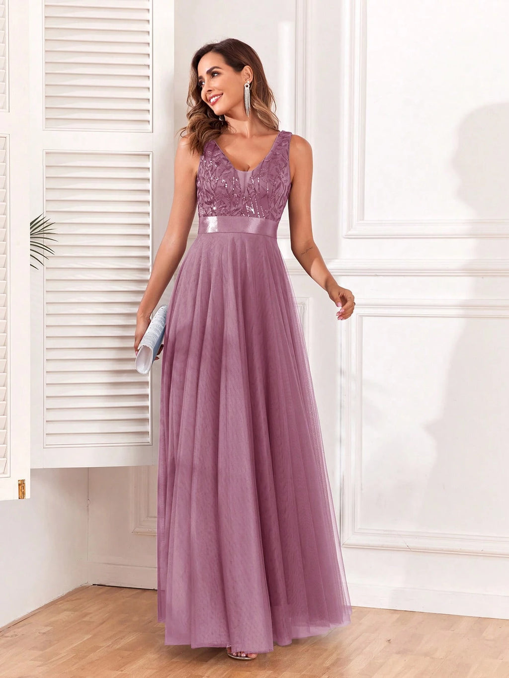 Sleeveless V-Neck Mesh& Embroidered Sequins A-Line Bridesmaid Dresses,Elegant Prom Dresses,Wedding Guest - image 12