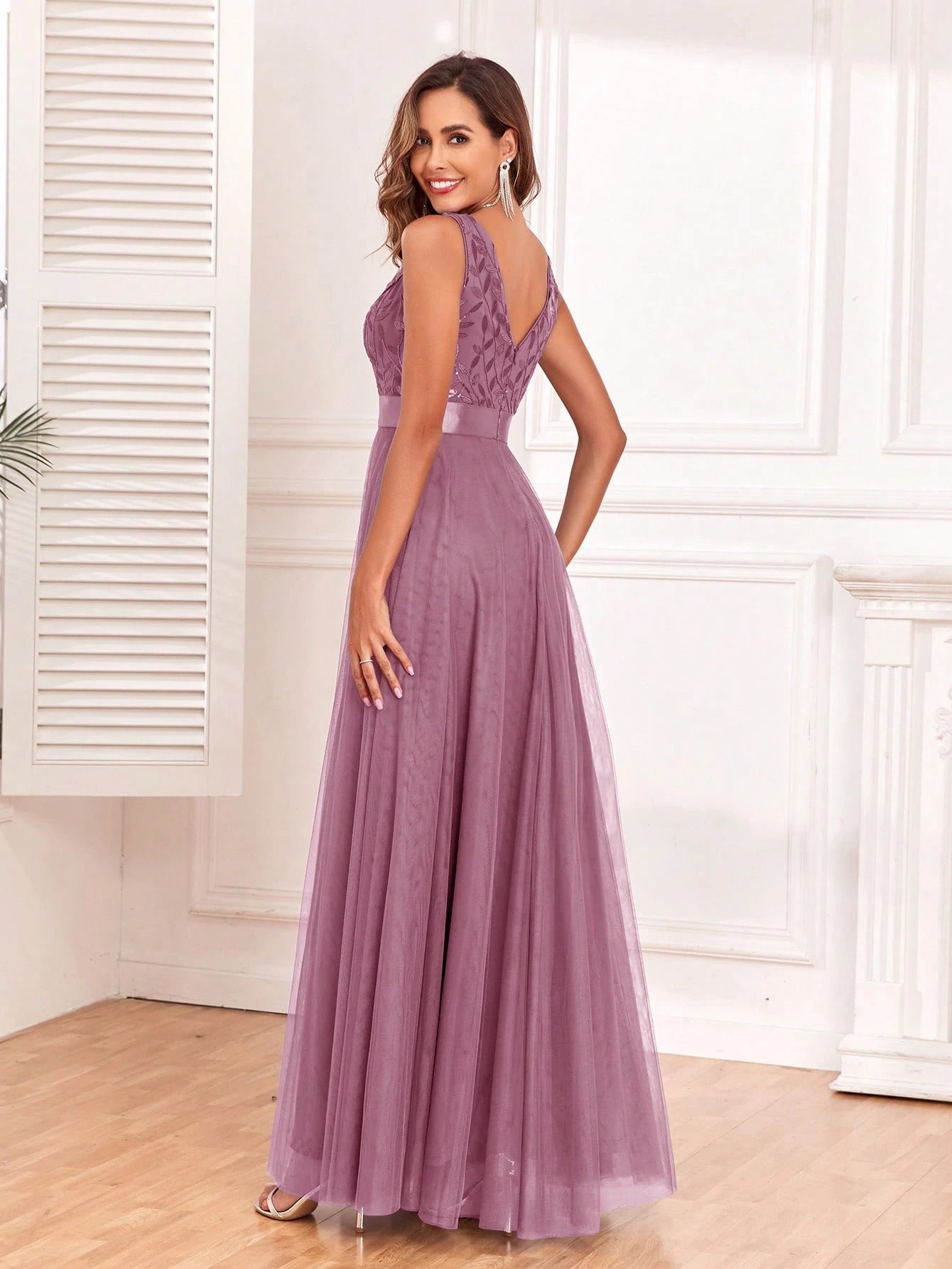 Sleeveless V-Neck Mesh& Embroidered Sequins A-Line Bridesmaid Dresses,Elegant Prom Dresses,Wedding Guest - image 10