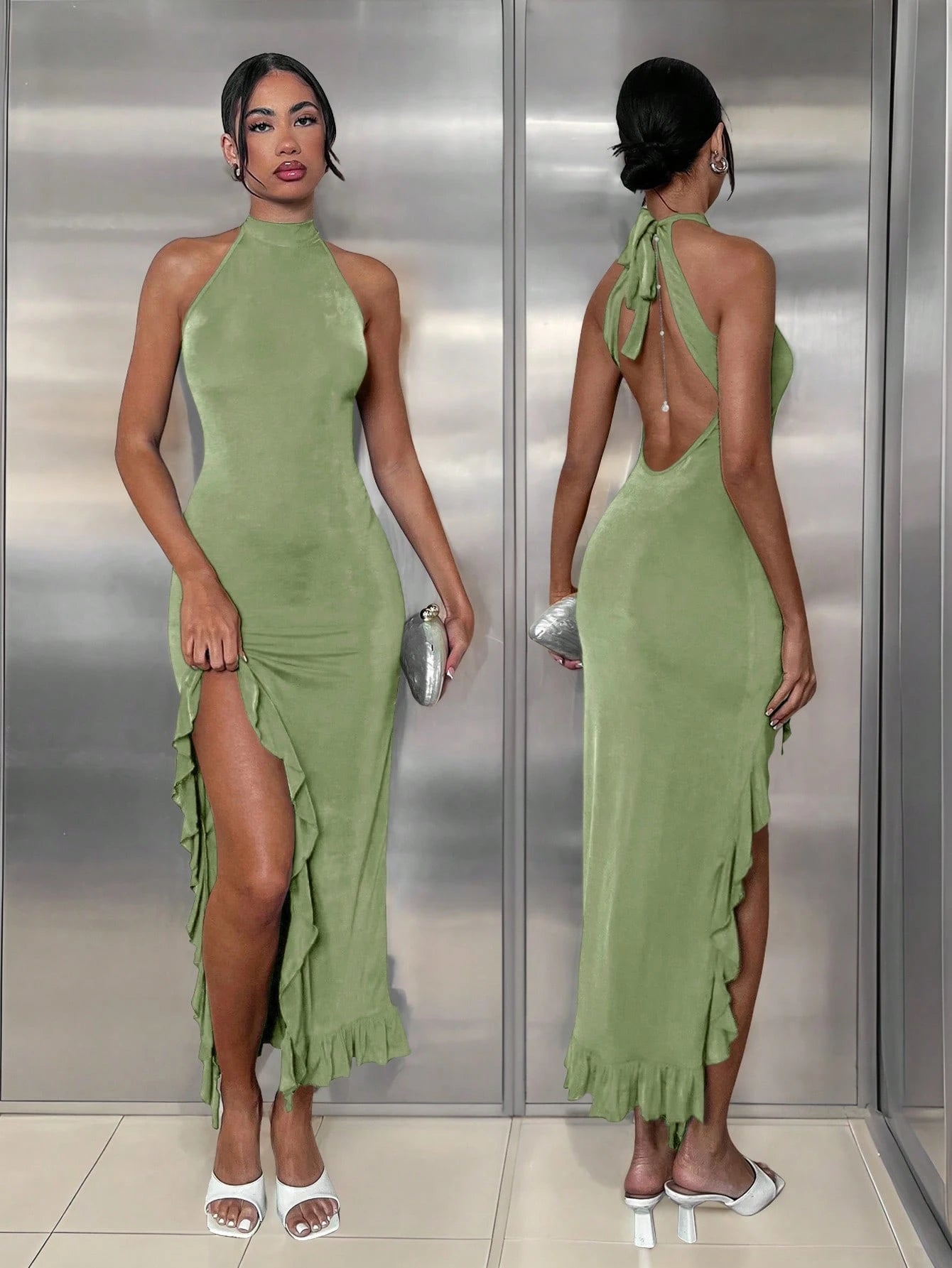 Glamine Elegant Dark Brown Backless Bodycon Maxi Dress,High Slit Ruffle Hem,Women's Summer Vacation Outfit - image 19