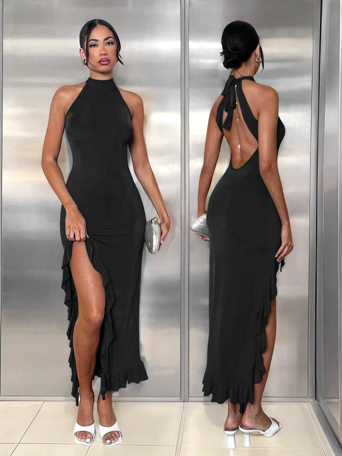 Glamine Elegant Dark Brown Backless Bodycon Maxi Dress,High Slit Ruffle Hem,Women's Summer Vacation Outfit