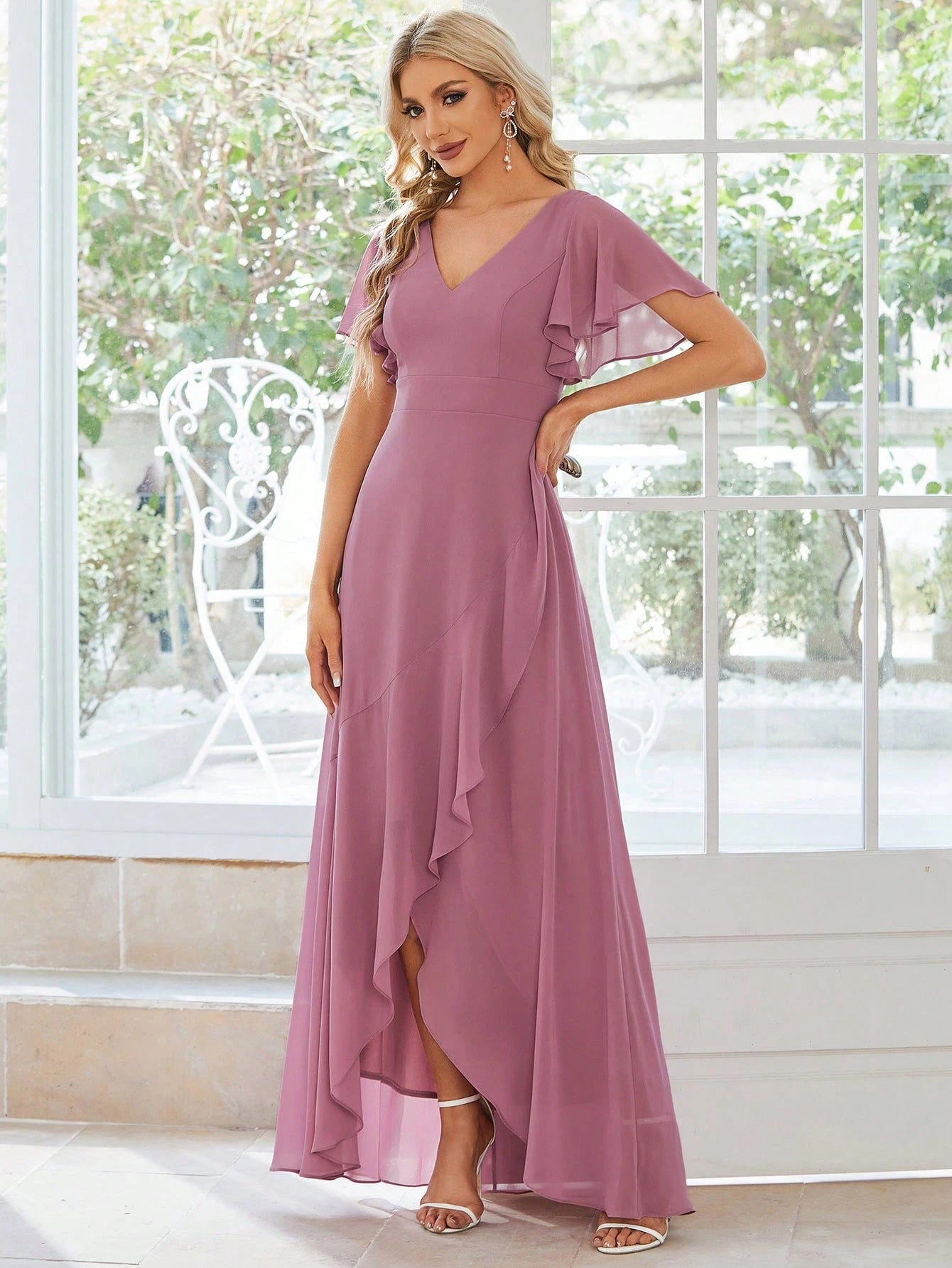 Butterfly Sleeve Ruffle Trim Wrap Hem Chiffon Bridesmaid Dress