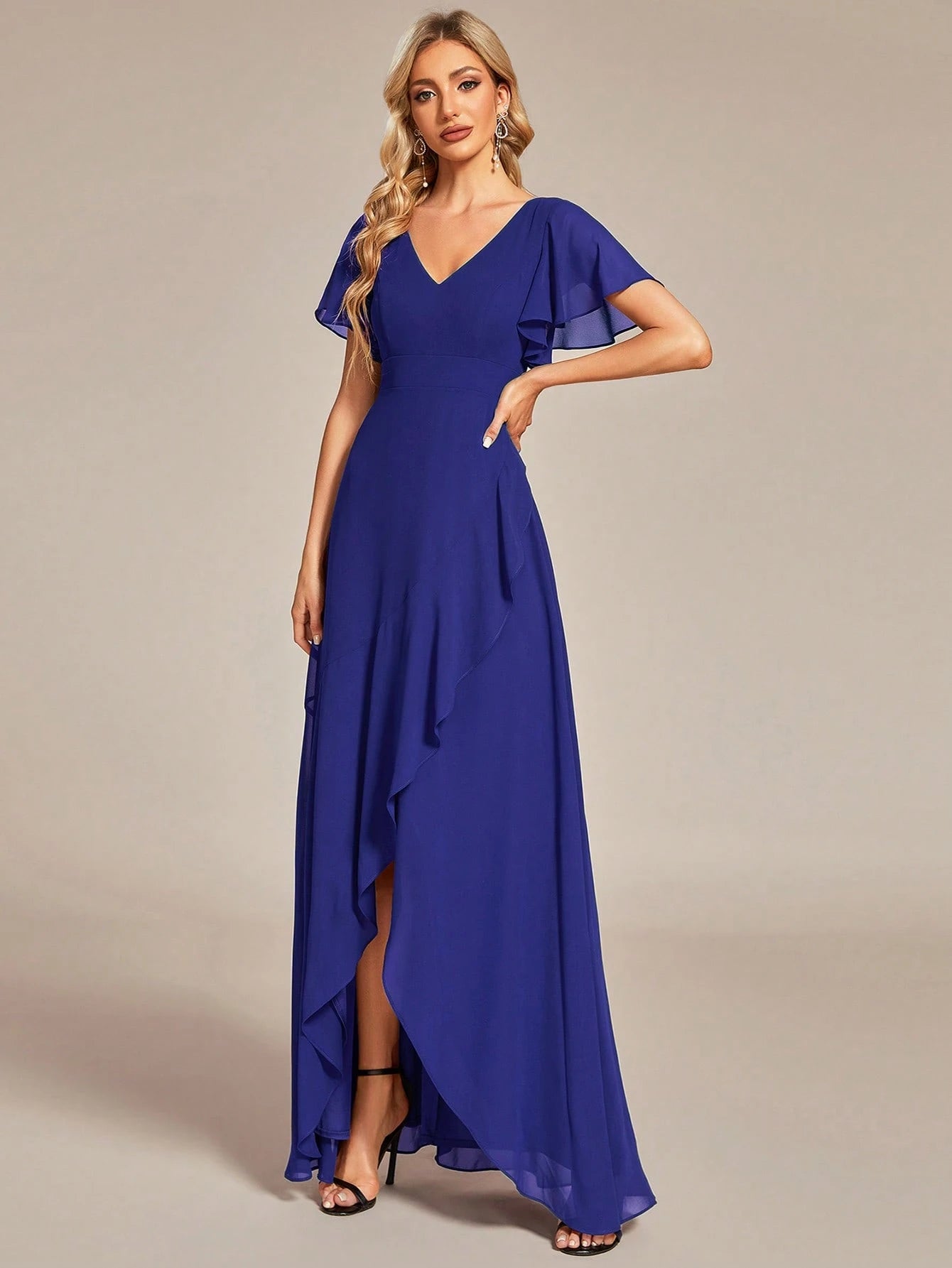 Butterfly Sleeve Ruffle Trim Wrap Hem Chiffon Bridesmaid Dress
