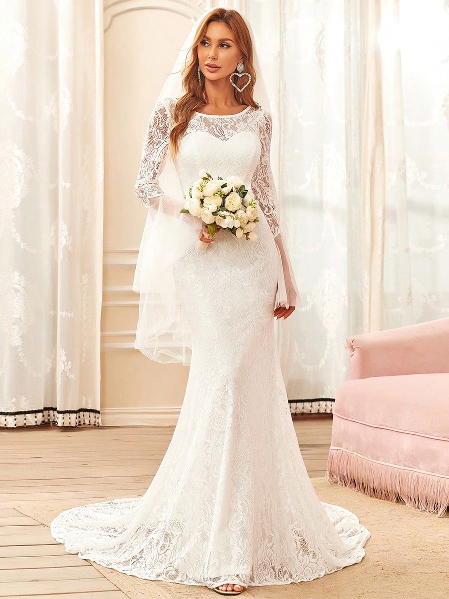EVERPRETTY Classic Ruffle Sleeve Lace Mermaid Wedding Dress With Train, Suitable For Courthouse Wedding, - image 4