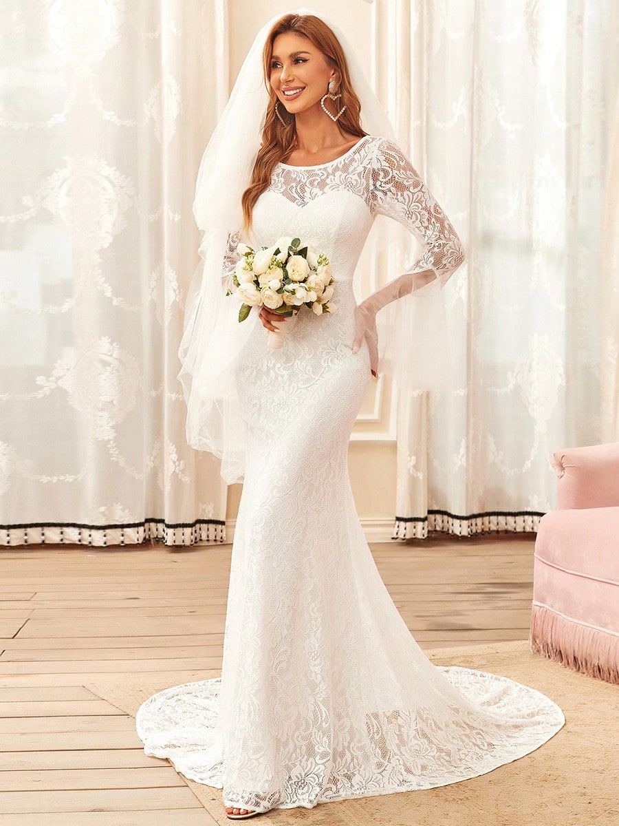 EVERPRETTY Classic Ruffle Sleeve Lace Mermaid Wedding Dress With Train, Suitable For Courthouse Wedding, - image 3