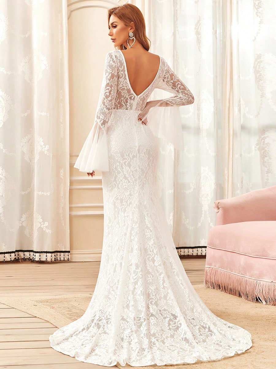 EVERPRETTY Classic Ruffle Sleeve Lace Mermaid Wedding Dress With Train, Suitable For Courthouse Wedding, - image 2