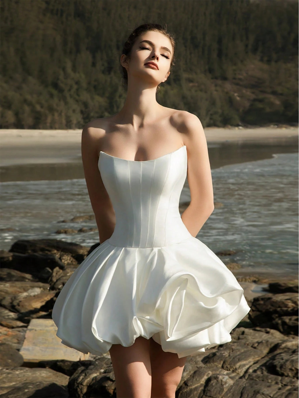 HEARBOBO New Year Chic Women Off Shoulder Satin Puff Skirt Sexy Sweet Mini Dress For Party, Bridal Shower