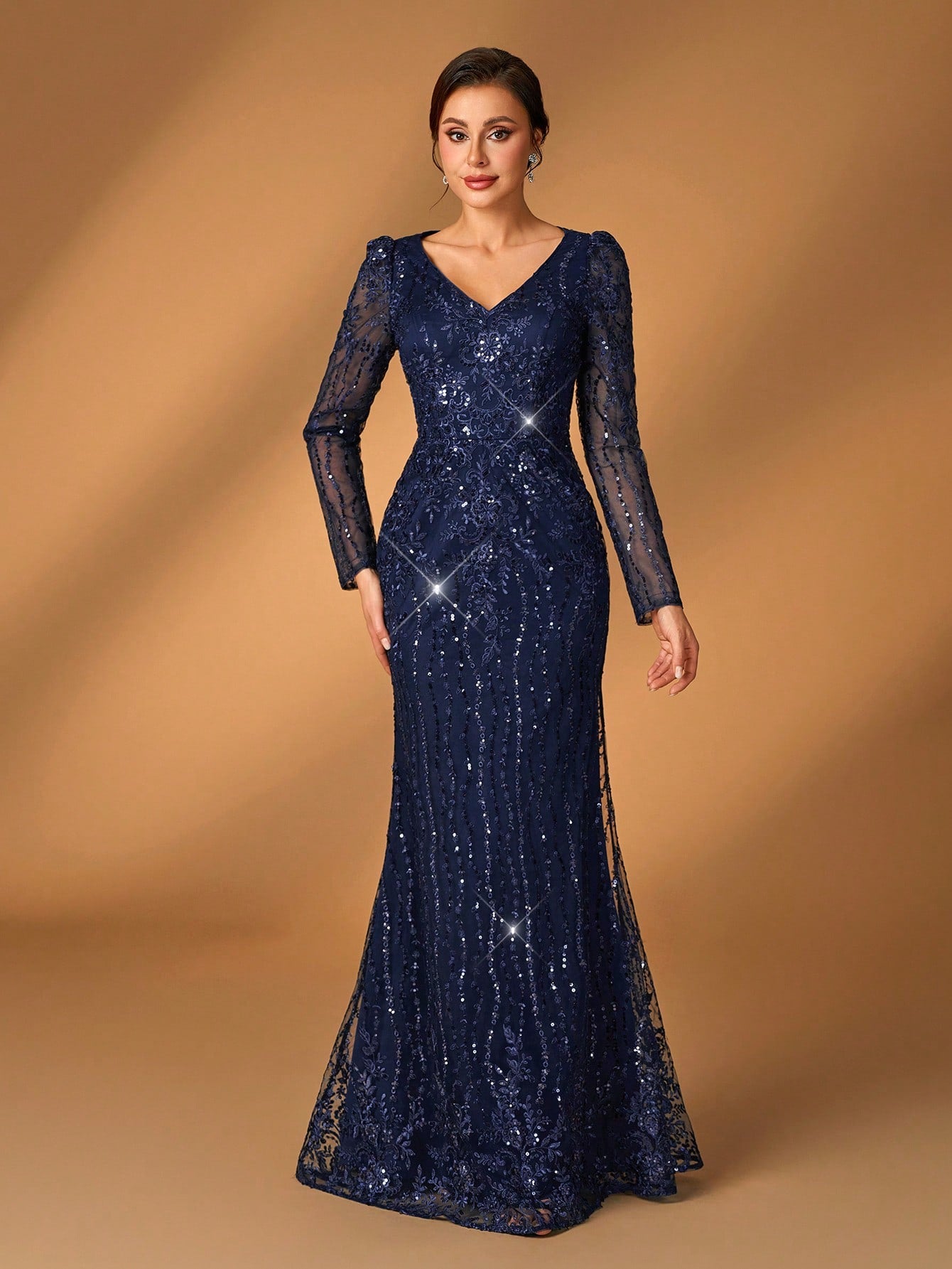 Serin Navy Blue V-Neck Luxury Sequin Lace Fishtail Dress, Suitable For Wedding, Events, Party, Banquet, Bride - image 9