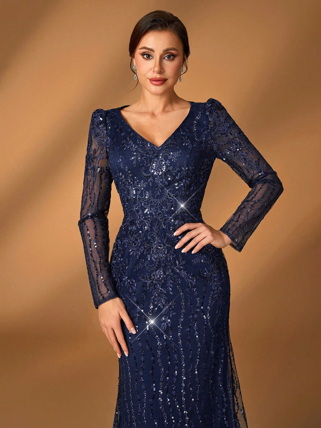 Serin Navy Blue V-Neck Luxury Sequin Lace Fishtail Dress, Suitable For Wedding, Events, Party, Banquet, Bride - image 10